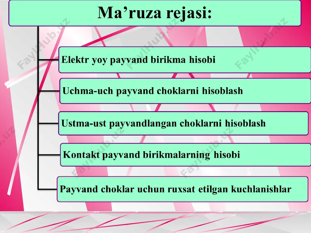 birikma va uni hisoblash agar detallar bir tekislikda joylashgan bo’lsa, ularning uchlari bir-biriga uchma-uch payvandlanadi. bunday payvand birikma uchma-uch birikma, hosil bo’lgan payvand chok esa uchma-uch chok deb ataladi. shu usulda hosil qilingan payvand birikma pishiq-puxta, oddiy va tebranishli yuklamalar ta’siri ostida bo’lgan tuzilmalarda ko’proq qo’llanishi tavsiya etiladi. biriktiriladigan detallarning qalinligi bo’yicha uchma-uch chokli payvand birikmalarning rasmi 1-rasmda tasvyrlangan. 1-rasm. uchma-uch payvand chokli birikmada detallar qalinligi: a- 8 mm gacha; b-16 mm gacha; v- 40 mm gacha; g- 60 mm gacha bo‘lganda payvand birikmalarning shakllari payvand choklarni mustahkamlikka hisoblashda hosil qilingan payvand chokning ko‘ndalang kеsim yuzasiga ta’sir qiladigan kuchlanish qiymati uning hamma nuqtalariga bir xilda ta’sir ko‘rsatadi dеb olinadi. odatda, uchma-uch birikmaga cho‘zuvchi yoki siquvchi kuchlanish ta’sir etadi. mustahkamlikka hisoblash sharti esa quyidagi tusdadir: bu yеrda: σ -cho‘zuvchi yoki siquvchi kuchlanish, mpa; f-chokka ta’sir etuvchi kuch, н; ℓ -chokning uzunligi, mm; δ –dеtallning payvandlanadigan qismi qalinligi, mm; [σ ′]- chok …