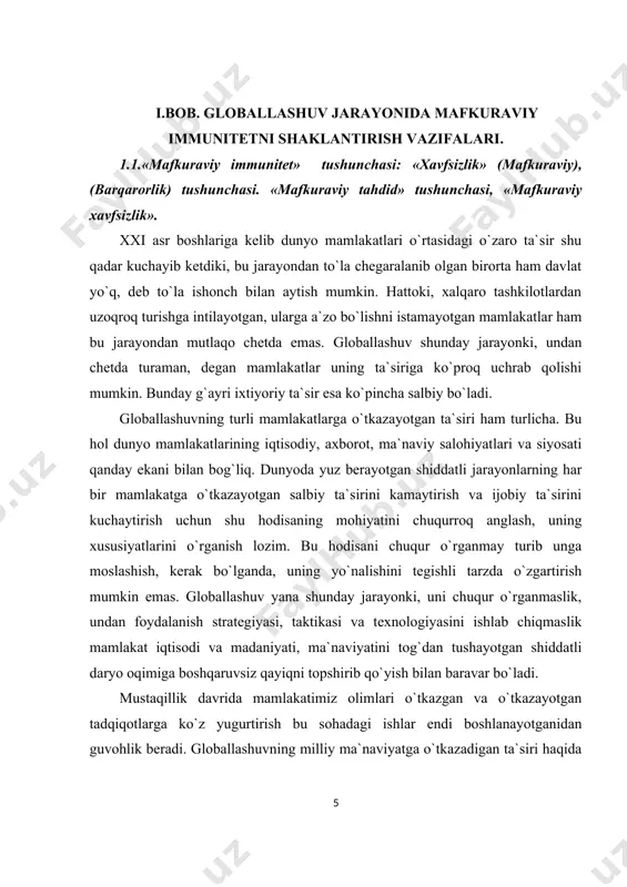 ri qo`llarimiz panjasidan ham oz. har qanday siyosat, jumladan iqtisodiy siyosat va ma`naviyat sohasidagi siyosat ham ilmiy asosga ega bo`lgandagina muvaffaqiyat keltirishini nazarda tutsak, bu masalada olimlarimiz siyosatchilarimizga etarli ko`mak bera olmayotganini e`tirof etishga to`g`ri keladi. mamlakatimiz jahon maydonida olib borayotgan siyosat ko`proq samara va muvaffaqiyat keltirishini istasak, globallashuvning mohiyati, yo`nalishlari, xususiyatlarini chuqurroq tadqiq va tahlil qilishimiz, shu orqali siyosatchilarimizning to`g`ri yo`l tanlashi va qarorlar qabul qilishi uchun imkoniyat yaratishimiz lozim. globallashuvga qisqa ta`rif bermoqchi bo`lsak, uni turli mamlakatlar iqtisodi, madaniyati, ma`naviyati, odamlari o`rtasidagi o`zaro ta`sir va bog`liqlikning kuchayishi deyish mumkin. globallashuvga berilgan ta`riflar juda ko`p. lekin uning xususiyatlarini to`laroq qamrab olgani bizningcha, frantsuz tadqiqotchisi b.bandi bergan ta`rif. unda globallashuv jarayonining uch o`lchovli ekaniga urg`u beriladi: · globallashuv - muttasil davom etadigan tarixiy jarayon; · globallashuv - jahonning gomogenlashuvi va universallashuvi jarayoni; · globallashuv - milliy chegaralarning «yuvilib ketish» jarayoni. b.bandi ta`rifida keltirilgan globallashuv o`lchovlarining har uchalasiga nisbatan ham muayyan …