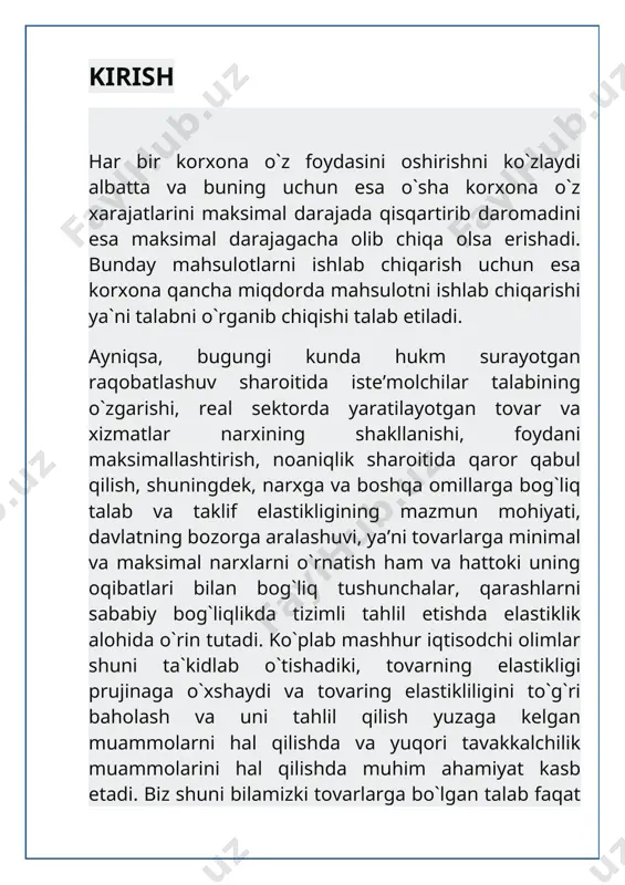 an talab, talab elastikligiga ta’sir qiluvchi omillar, talabning iste’molchi daromadiga ko`ra elastikligi, kesishgan talab elastikligi koeffitsientini hisoblash, normal tovarlar, past kategoriyali, oliy kategoriyali va birlamchi ehtiyoj tovarlar, taklif elastikligi, engel chiziqlari, elastiklik nazariyasining amalda qo`llanilishi, sotuvchi daromadini talab elastikligiga ko`ra tahlil qilish, soliq yukini kamaytirishga qaratilgan oqilona soliq siyosatining mazmun-mohiyati, soliq yukini elastiklik nazariyasiga ko`ra taqsimlanishini taqlil qilish, bozor sharoiti o`zgarishi oqibatlarini prognoz qilish va baholash kabi nazariy tushunchalarni to`liqligicha tahlil qilamiz. 1.talab va taklif nazariyasi va uning o’zgarishi. talab va taklif iqtisodiy nuqtai nazardan tahlil qilish, juda ko’p va keng muammolarni hal qilishda universal vosita bo’lib xizmat qiladi. bunday muammolarga quyidagilar kirishi mumkin: jahondagi iqtisodiy sharoitlar o’zgarishining mahsulot ishlab chiqarishga va uning samaradorligiga ta’siri; narxlarni nazorat qilish bo’yicha davlat tomonidan ko’riladigan chora-tadbirlarni baholash; iqtisodiy rag’batlantirish va minimal ish haqini belgilash; soliqlarning, subsidiyalarning, importga qo’yiladigan poshlinaning, ishlab chiqaruvchilar va iste’molchilar faoliyatining chegaralashlarning umumiy iqtisodiyotga ta’siri va hokazo. ma’lumki, davlatning aralashuvisiz, …