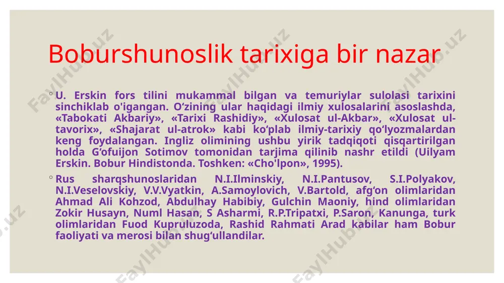 ni) yaratadi. bir ruboiysida: g’azalda yog’lig’-ro’molcha tasviri yetakchi bo’lganidan unda gullar, binafshalar ko’rinadi; qizil va binafsha rang jilolari ko’zlarni qamashtiradi; ularning muattar hidi anqib turadi. g’azal o’qilar ekan, o’quvchi o’zini go’zal tabiat manzaralari og’ushida his etadi, ulardan zavqlanadi. bularning hammasi shoir boburning nihoyatda baland mahoratidan dalolat beradi. bu mavzu boburning o’ziga ham ma’qul bo’lib qolganidan uni bir ruboiysida shunday davom ettiradi: ruhum qushini tori bila band ettim, yor yog’lig’idin ko’ngulni xursand ettim, jon rishtasini torig’a payvand ettim. ko’nglumni ne nav’ uzay o’shal yog’lig’din, (bobur. devon, 85-bet). bobur devonida oshiqona mavzudagi g’azallar anchagina. jumladan: matla’: ko’ngulga bo’ldi ajoyib balo qaro soching, shikasta ko’ngluma ermish qaro balo soching (bobur.devon, 34-35-betlar). yana: ko’rmagay erdim jamoli olamoro koshki, bo’lmag’ay erdim bori olamg’a rasvo koshki. (bobur.devon, 63-bet). bu g’azallar alisher navoiydan ilhomlanish natijasida maydonga kelgan. ma’lumki, alisher navoiyning «badoye’ ul-bidoya» devonida: ko’zung ne balo qaro bo’lubtur, kim jonga qaro balo bo’lubtur,- matla’li 7 baytlik g’azali …