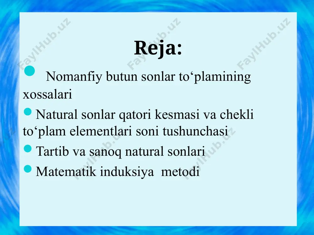 o‘shish qisqaruvchanligini ko‘rsatamiz, ya’ni a+c= b+c bo‘lsa, u holda a=b ga teng. aslida quyidagi uch hol bo‘lishi mumkin: a<b, b<a, a=b; ammo a<b bo‘lsa, u holda a+c < b+c bo‘ladi, biz esa a+c=b+c deb oldik. demak a<b hol mumkin emas. shu sababli b<a hol ham mumkin emas, faqat a=b bo‘lgan hol qoladi. www.themegallery.com tartibiy va miqdoriy natural sonlar. shuni xulosa qilib aytish kerakki, natural sonlar nafaqat miqdorlarni oichash va to‘plam elementlarini sanash uchun ishlatiladi, balki to‘plam elementlarini tartiblash ham natural sonlar yordamida amalga oshiriladi. bunda chekli to‘plam uchun natural sonlar qatori kesmasi tushunchasi ishlatiladi. ta’rif.natural sonlar qatorining na kesmasi deb, a natural sondan katta bo‘lmagan barcha natural sonlar to‘plamiga aytiladi. masalan, n5= {1; 2; 3; 4; 5}. www.themegallery.com demak, «nechta» savoliga javob beruvchi natural sonlar miqdoriy, «nechanchi» savoliga javob beruvchi natural sonlar tartib natural sonlar deyiladi. to‘plam oxirgi elementining tartib nomeri bir vaqtda to‘plam elementlari sonini bildiradi. demak, sanoq 19- …