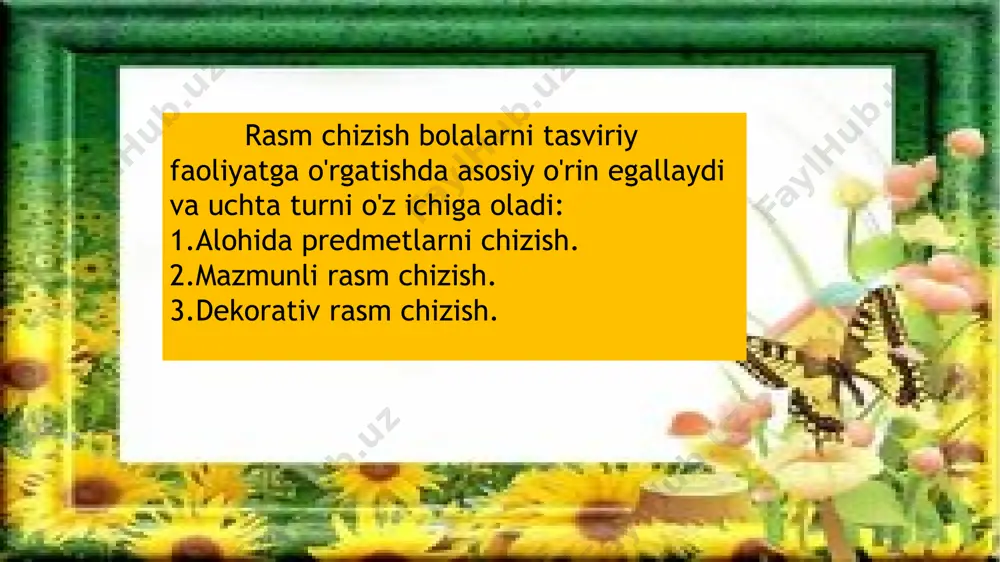shning turlicha shakllari bilan bog'liq holda kompozitsion hisni shakllantirish. 2.rang qobiliyatlarini rivojlantirish. 3.xalq amaliy san'atining turlarini, usullarini farqlashga va ularning alohida elementlaridan bolalarning o'z ijodida foydalanishga o'rgatish. 4.qalam va mo'yqalam bilan chizishning texnik ko'nikmalarini mustahkamlash. . 1. ilk yoshdagi bolalar guruhlarida bolalarga bir yarim yoshdan boshlab qalam berish mumkin. lekin bolalar qilayotgan harakatining tasviriy ma'nosiga 1 kichik guruhdan boshlab tushuncha boshlanadi. 1 kichik guruh (2 yoshdan 3 yoshgacha). 2. bu davrga kelib, nutqi o'sadi, tasavvur doirasi kengayadi, materiallar bilan mustaqil harakat qilishi faollashadi. bu guruhda tarbiyachi bolalarni qilayotgan harakatlarini kuzatishga o'rgatadi. chizayotgan turli chiziqlar bilan predmetlarning turlarini bilishga, ularni ayrim narsalarga o'xshatishga o'rgatadi yilning 2-yarmiga tarbiyachi bolalarni predmetning oddiy tasviriga o'rgatadi. tarbiyachi shar chizadi, koptok chizadi, bolalar esa yo'l chizadi. yilning 2-yarmiga borib, bolalar bilan mashg'ulot uyushtirilib, ular mo'yqalam qo'yib-olish, qo'g'irchoqning ko'ylagini yoki dastro'molcha va qo'lqopni dog'lar bilan bezashga o'rgatiladi. birinchi kichik guruhda o'rgatishning mazmuni va vazifalari. ikki yoshli bola …
