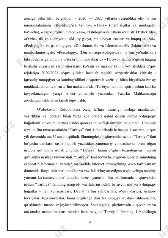 omida esa 34 soat o‘qitiladi. shuningdek, o‘qituvchilar uchun “tarbiya” fani bo‘yicha darslarni tashkil qilish yuzasidan zamonaviy yondashuvlar o‘rin olgan uslubiy qo‘llanma ishlab chiqildi. “tarbiya” fanini o‘qitish texnologiyasi” nomli qo‘llanma nashrga tayyorlandi. “tarbiya” fani bo‘yicha o‘quv-uslubiy ta’minotning axborot platformasini yaratish maqsadida internet tarmog‘ining www.tarbiyam.uz domenida fanga doir ma’lumotlar va vazifalari bayon etilgan o‘qituvchiga uslubiy yordam ko‘rsatuvchi ma’lumotlar bazasi yaratildi. bu platformada o‘qituvchilar uchun “tarbiya” fanining maqsad- vazifalarini ochib beruvchi me’yoriy-huquqiy hujjatlar – fan konsepsiyasi, davlat ta’lim standartlari, o‘quv dasturi, uslubiy tavsiyalar, taqvim-rejalar, fanni o‘qitishga doir texnologiyalar, dars ishlanmalari, qo‘shimcha manbalar joylashtirilmoqda. shuningdek, platformada o‘quvchilar va ota-onalar uchun maxsus ruknlar ham mavjud.“tarbiya” fanining 1-9-sinflarga mo‘ljallangan darsliklari yaratilib, undagi mavzularga oid 21 ta videoroliklar darsliklarga qr-kod bilan kiritildi. mazkur darsliklarda yoshlarni fikrlashga o‘rgatadigan, ularni milliy qadriyatlarimizga sodiq, vatanparvar etib tarbiyalashga xizmat qiladigan zamonaviy pedagogik texnologiyalardan foydalanishga qay darajada e’tibor qaratilgan? “tarbiya” fanining o‘quv dasturi va darsliklarida vatanparvarlik, tadbirkorlik, irodalilik, mafkuraviy immunitet, mehr-oqibatlilik, mas’uliyatlilik, …