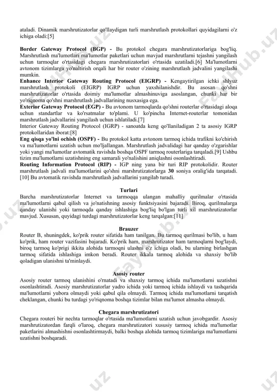 tayanadi. marshrutlash jadvallari ma'lumotlar paketini havolalar orqali va manzilga yo'naltirish uchun ishlatilishi mumkin bo'lgan maqsad, keyingi bosqich, interfeys, ko'rsatkichlar va marshrutlar haqidagi ma'lumotlarni o'z ichiga oladi.[4] destination - ma'lumotlar paketlari yakuniy manzilning ip-manzilini o'z ichiga olgan sarlavhani o'z ichiga oladi. ushbu ma'lumot juda muhim, chunki u paketni qayerga etkazish kerakligini aniqlaydi. keyingi o'tish - ma'lumotlar paketining sarlavhasidagi maqsad ip manziliga asoslanib, keyingi hop ma'lumotlar o'z manziliga etib borishi kerak bo'lgan joyga ishora qiladi. interfeys - bu ma'lumotlar paketini keyingi manzilga yuborishda amalga oshirilishi kerak bo'lgan tarmoq interfeysi turi. metrik - ma'lumotlar paketi uchun mumkin bo'lgan marshrutlarning samaradorligiga ishora qiladi. bu ma'lumotlar paketini eng samarali va iqtisodiy yo'nalish bo'yicha taqsimlash uchun hisoblanadi. marshrutlar - bu ma'lumotlar manzilga etib borishi mumkin bo'lgan liniyalarga ishora qiladi. marshrutlash jadvallarini saqlash va tartibga solishning 2 usuli mavjud. bu dinamik va statik ravishda amalga oshirilishi mumkin. statik usul marshrutlash jadvallarini qo'lda saqlashdir. boshqa tomondan, dinamik marshrutizatorlar …