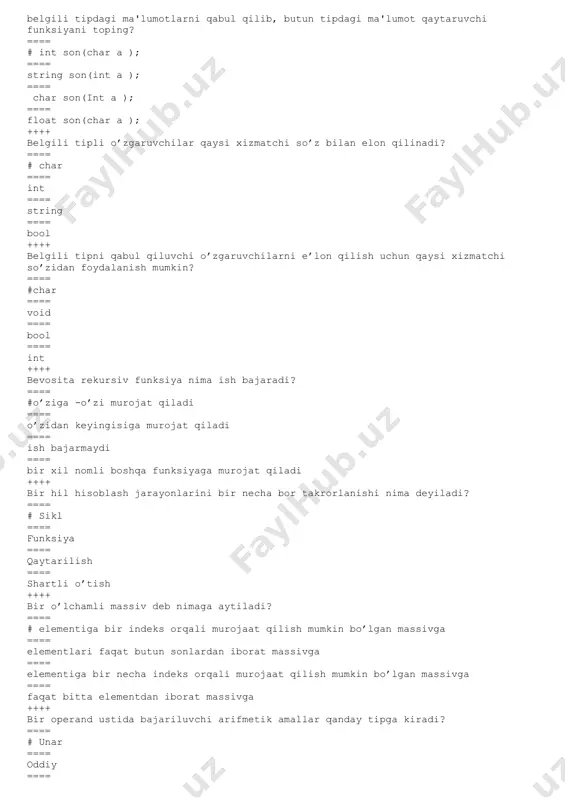 = goto ==== for ++++ c++da fayllar bilan ishlash kutubxonasi ==== # fstream ==== math ==== stl ==== iostream ++++ c++da funksiya e’lon qilish to‘g‘ri ko‘rsatilgan satrni belgilang ==== # int myfunction( ) ==== int myfunction ==== int mysunction[] ==== int mysunction ++++ c++da funksiyada qiymat qaytarish operatori? ==== # return ==== function ==== new ==== delete ++++ c++da satrlar bilan ishlash kutubxonasi ==== # string ==== stl ==== iostream ==== fstream ++++ char a; cin>>a; kiritiladigan ma’lumot necha baytni tashkil etadi. ==== #1 ==== 8 ==== 16 ==== 0,5 ++++ char[50]="qator"; satr oxiri qanday belgi bilan yakunlanadi ==== # “\0” ==== probel bilan ==== “;” ==== “r” ++++ chiqarish oqimini qayta yuklash uchun quyida keltirilgan formalardan qaysi biri to'g'ri? ==== # ostream& operator << (ostream& input, complex& x) ==== istream& operator << (ostream& input, complex& x) ==== ostream& operator << (istream& input, complex& x) ==== istream& operator << (istream& …