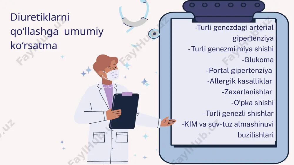 gibitorlari haqida qisqacha ●uzoq muddat qo’llaganda gipokaliemiya, shu sababli kaliy preparatlari bilan korreksiyalash lozim ●atsidoz rivojlanganda diakarbni to’xtatish va tomir ichiga natriy gidrokarbonat eritmasini yuborishi lozim ● boshqa nojo’ya ta’sirlariga umumiy holsizlik, bosh og’rig’i,teri allergik reaksiyasi va preparatga sezuvchanlikni oshib ketishi, oshqozon kislotaligini pasayishi kiradi. qovuzloq diuretiklari • o‘pka shishi • miya shishi • o‘be va sbe • barbiturat va salitsilatlardan zaxarlanish • jigar sirrozi portal gipertenziya bilan • giperkalsiemiya koʻrsatmalar • oto - va nefrotoksik antibiotiklar ( salbiy taʼsiri) hamda nsyq dorilari ( farmokologik antagonist) bilan berib boʻlmaydi ! •boshqa siydik haydovchilar bilan qoʻshib bersa boʻladi • bilvosita antiagregantlar,klofibrat va boshqalar bilan birga ishlatilganda siydik haydovchilarni qon pqsili bilan hosil qilgan bogʻninuzib uni taʼsirini kuchaytiradi. boshqa dorilar bilan oʻzaro taʼsiri buyrak va jigar etishmovchiligini terminal bosqichi qarshi koʻrsatma: qovuzloq diuretiklari haqida : tiazid diuretiklari •yurak, buyrak, jigar kasalliklari bilan bog‘liq shishlarda • glaukomada ko‘z ichi bosimining o‘tkir oshishida. • …