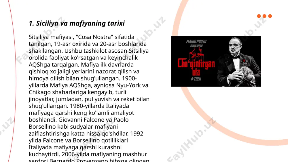n yozilgan "the godfather" va uning film moslashuvida batafsil bayon qilingan. don vito oila boshlig‘i sifatida nafaqat rahbar, balki muhim maslahatchi edi. ... t.me/slaydai_bot ota-bola munosabatlari oilaviy aloqalarning asosiy qismi bo‘lib, bolalar ijtimoiy va psixologik rivojlanishiga katta ta’sir qiladi. statistikaga ko‘ra, ijtimoiy barqaror oilalarda bolalar 10% ga ko‘proq maktabda muvaffaqiyat qozonadilar va 20% ga yuqori darajada o‘zini tanqid qiluvchi bo‘ladilar. ota-ona tomonidan qo‘llab-quvvatlangan bolalar 25% ga kamroq stress va xavotirga moyil bo‘ladi. o‘zbek oilalarida ota va bola o‘rtasidagi ishonchli va ochiq muloqot 70% holatlarda yoshlarning ijtimoiy muammolarini yengib o‘tishga xizmat qiladi. 2019-yilda o‘tkazilgan tadqiqotlar shuni ko‘rsatdiki, faol ota-bola aloqasi bo‘lgan oilalarda bolalarning ijtimoiy-ko‘nikmalari 15% ga yuqoriroq. ota-bola munosabatlarining mustahkamligi bolalarning kelajakda yetuk shaxs sifatida shakllanishida muhimdir. ... t.me/slaydai_bot 7. mikelning o'zgarishi mikelning o'zgarishi haqida ma'lumotlarda uning yillar mobaynida qanchalik tez o'zgarishi, iqlim sharoitlari va hududiy farqlar haqida so'z boradi. masalan, xx asr davomida global harorat 0,9 daraja selsiyga ko'tarildi. okeanlarning …
