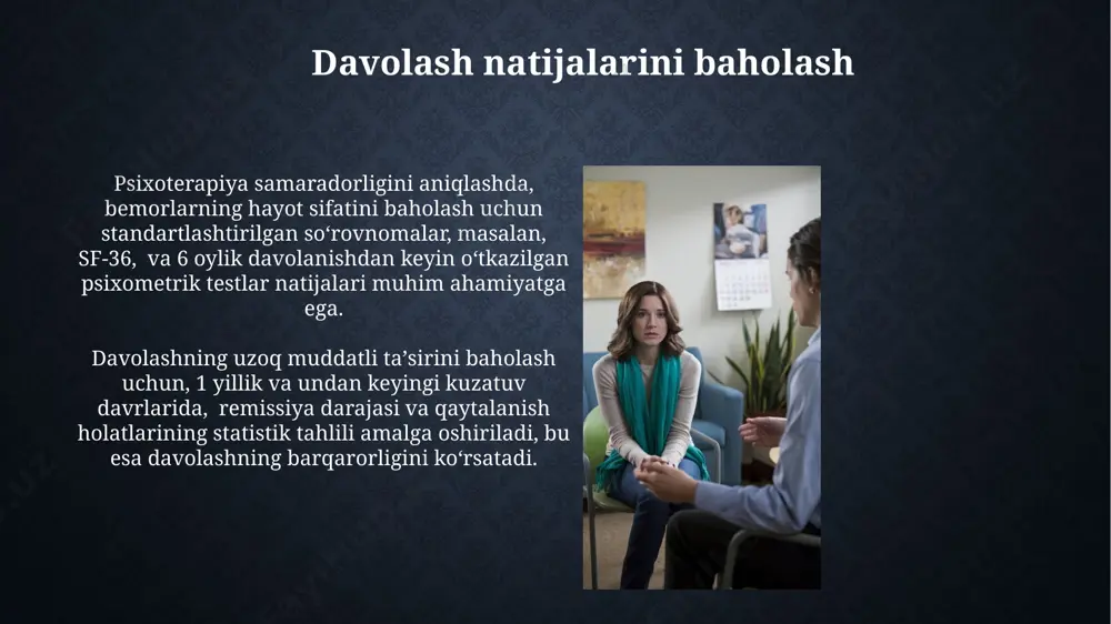 ot sifatini yaxshilashga yordam beradi. somatik kasalliklarning psixologik omillari psixosomatik kasalliklarning 30% dan ko'prog'i, bemorning ongli yoki ongsiz psixologik himoya mexanizmlari bilan bog'liq. depressiya va xavotirlilik kabi ruhiy buzilishlar, yurak-qon tomir kasalliklari, oshqozon yarasi va boshqa 20 dan ortiq somatik kasalliklar xavfini oshiradi. psixoterapiyaning cheklovlari va qiyinchiliklari ba'zi somatic kasalliklarda, masalan, og'ir depressiyada, psixoterapiya 6-12 oy davom etadi va yuqori darajadagi bemorning yordamga muhtojligi, masalan, uy sharoitidagi qo'llab-quvvatlashni talab qilishi mumkin. psixoterapiya samaradorligi 30-50% gacha bemorlar guruhiga bog'liq bo'lib, qolganlarida esa minimal yoki yo'q effekt kuzatiladi, bu esa terapiya tanlashda individual yondashuvni talab qiladi. xulosa va tavsiyalar somatik kasalliklarni davolashda psixoterapiya integrativ yondashuvning muhim qismi bo'lib, farmakoterapiya bilan birgalikda 30-40% samaradorlikni oshiradi. bemorlarning 85% dan ortig'i psixoterapiya jarayonida o'zlarining his-tuyg'ularini boshqarish va sog'lom turmush tarzini shakllantirish bo'yicha ko'nikmalarni egallaydilar, bu esa kasallikning takrorlanishini kamaytiradi. psixoterapiya jarayonida bemorning roli davolashning muvaffaqiyat darajasi, bemorning uy vazifalarini bajarish darajasi va kamida 2-3 marotaba …