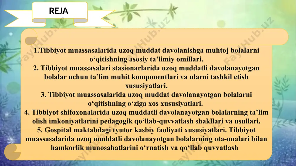 o‘rta ta'lim maktablar tibbiy ko‘rsatmalarga ko‘ra, davolash-profilaktika muassasalarida statsionar sharoitda 30 kun va undan ortiq davr mobaynida davolanayotgan maktab yoshidagi bolalar uchun tashkil etiladi. davolash-profilaktika muassasalari qoshidagi umumiy o‘rta ta'lim maktablarining asosiy vazifalari quyidagilardan iborat: o‘quvchilar tomonidan muntazam bilim olinishini ta'minlash, ularning bilim olish ehtiyojini qondirish; o‘quvchilarda milliy hamda umumbashariy qadriyatlarni uyg‘unlashtirish asosida yuksak ma'naviy-axloqiy fazilatlarni tarbiyalash, ularning ta'lim-tarbiya olishlari uchun shart-sharoit yaratib berish; o‘quvchilarning umumiy o‘rta ta'limning davlat ta'lim standartlari hamda ular asosida ishlab chiqilgan (aqli zaif va ruxiy rivojlanishda orqada qolgan bolalar uchun) maxsus ta'lim talablariga muvofiq bilim olishlarini ta'minlash; davolash-profilaktika muassasalari qoshidagi umumiy o‘rta ta'lim maktablari ixtisoslashuviga muvofiq quyidagi turlarga bo‘linadi: i - sil kasalligi va uning shakllariga chalingan bolalar uchun davolash-profilaktika muassasalari qoshidagi umumiy o‘rta ta'lim maktablari; ii - tayanch tizimi kasalliklari va ularning asoratlariga chalingan bolalar uchun davolash-profilaktika muassasalari qoshidagi umumiy o‘rta ta'lim maktablari; iii - ruhiy asab kasalliklariga chalingan bolalar uchun davolash-profilaktika muassasalari qoshidagi …