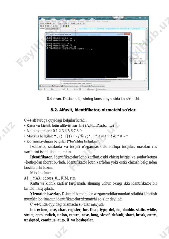 ixtiyoriy qismida ta’riflash yoki qayta ta’riflash mumkin. misol uchun: int a, b1, ac; eki int a; int b1; int ac; o‘zgaruvchilar ta’riflanganda ularning qiymatlari aniqlanmagan bo‘ladi. lekin o‘zgaruvchilarni ta’riflashda initsializatsiyalash ya’ni boshlang‘ich qiyjmatlarini berish mumkin. misol uchun: int i=0; char c=’k’; 8.4. o‘zgarmaslar. o‘zgarmas- bu dastur ishlashi davomida qiymati o‘zgarmaydigan kattalikdir. c++ tilida besh turdagi o‘zgarmaslar ishlatilishi mumkin: butun , haqiqiy , belgi, sanovchi o‘zgarmaslar va nul ko‘rsatkich. butun sonlar o‘nlik, sakkizlik yoki o‘n oltilik sanoq tizimlarida berilishi mumkin. o‘nlik sanoq tizimida butun sonlar 0-9 raqamlari ketma-ketligidan iborat bo‘lib, birinchi raqami 0 bo‘ishi kerak emas. sakkizlik sanoq tizimida butun sonlar 0 bilan boshlanuvchi 0-7 raqamlaridan iborat ketma-ketlikdir. o‘n oltilik sanoq tizimida butun son 0x yoki 0x bilan boshlanuvchi 0-9 raqamlari va a-f yoki a-f harflaridan iborat ketma- ketlikdir. masalan, 15 va 22 o‘nlik sonlari sakkizlikda 017 va 026, o‘n oltilikda 0xf va 0x16 shaklida tasvirlanadi. ma’lumotlarning haqiqiy son turi olti …