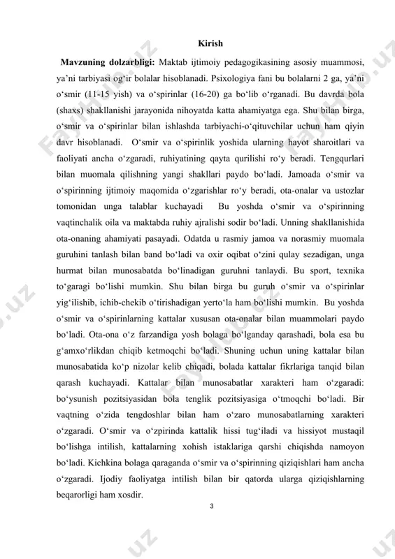 arida ijtimoiy norma va qoidalar talablariga amal qilishi uchun yetarli rivojlangan. mavzu obyekti: tarbiyasi og’ir bo’lgan bolalar bilan ishlashda qo’llaniladigan metod va usullar. mavzu predmeti: tarbiyasi og’ir bolalar bilan ishlashda qo’laniladiga me’yoriy hujjatlar. mavzuning maqsad va vazifalari: o‘smir va o‘spirin aqlli qarorlar qabul qilishga ongli harakatlar sodir etishga va ular uchun axloqiy va huquqiy jihatdan mas’ul bo‘lishga qodir. shuni ta’kidlash joizki, o‘spirin o‘z xatti-harakatlari uchun huquqiy javobgarlikka tortiladigan shaxsdir. garchi qonun voyaga yetmaganlarning ijtimoiy psixologik rivojlanishini inobatga olib, ular uchun cheklangan javobgarlikni belgilasa ham katta o‘spirinlik va o‘smirlik davrini shaxsiy javobgarlik bilan xarakterlanadigan yosh deb qabul qilsak bo‘ladi. kurs ishining amaliy ahamiyati: o’smirlarda me’yor va me’yordan og’oshmaslikni o’rgatish. kurs ishi tuzulishi: kirish, 2ta bob, 4 ta kichik mavzular, xulosa va foydalanilgan adabiyotdan iborat. i bob ijtimoiy pedagogikada tarbiyasi og’ir bolalar bilan ishlash 1.1 tarbiyasi og’ir bolalar bilan ishlashda qo’llaniladigan pedagogic usullar tarbiyasi og‘ir o‘spirinlar jismoniy jihatdan sog‘-salomatdirlar, biroq ularning ta’lim-tarbiyasi …