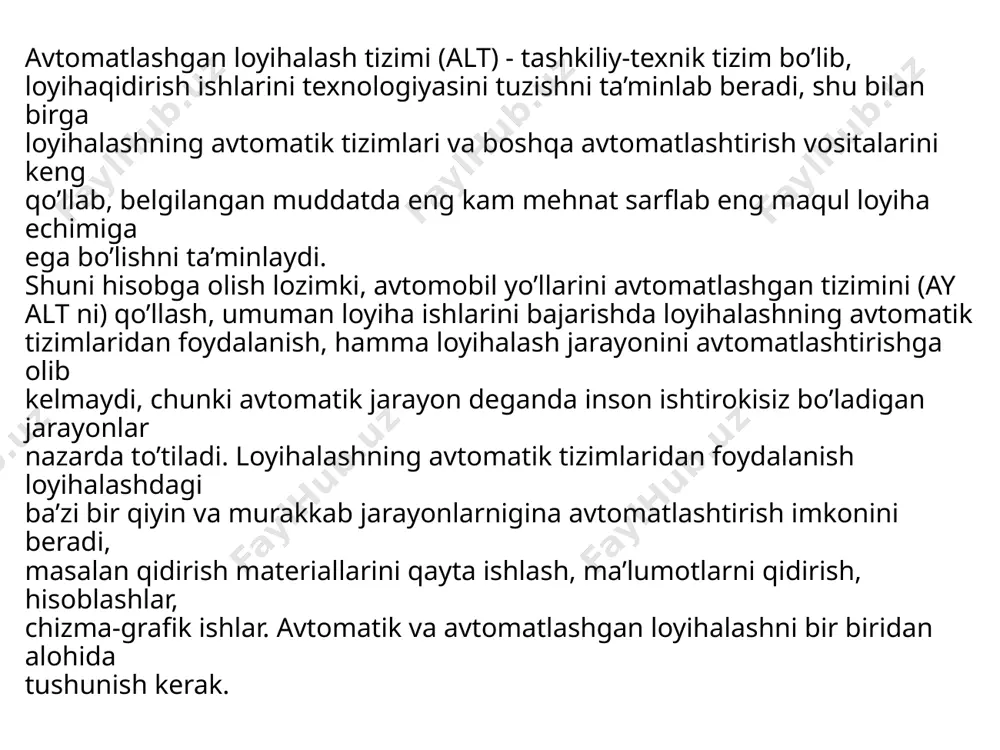 omatlashgan loyihalashning ko’pchilik mavjud tizimlari bir xil umumiy printsiplarga asoslanadi: axborot birligi, tizim birligi, komplekslilik, o’rindoshlilik, rivojlanishlik. muxandis-loyihalovchi tomonidan alt texnik vositasi yordamida qurilish ob’ektining matematik modelini tuzish ijodiy jarayonida, bu modelning yutuq va kamchiliklarini tezlikda taxlil qilish loyihalashda yangi sifatli jixatnini aniqlab beradi, ya’ni muxandis loyihalovchi ehm bilan muloqat vaqtida har tomonlama ko’p sonli variantlarni taxlil qiladi, loyiha echimlarini optimallashtirishni amalga oshiradi va natijada keyingi loyihalash ishlari uchun eng maqul variantni tanlab olishga erishadi. alt-bu yangi tashkiliy tizim bo’lib, uning asosini uslubiy, dasturiy, axborot, texnik va tashkiliy ta’minot komponentlari tashkil qiladi. alt darajasida loyihalash hamma loyiha-qidiruv ishlarini qayta qurishni, ya’ni muxandis-texnik xodimlar bilimi va tarkibini radikal o’zgarishini, mavjud loyiha-qidiruv institutlari tuzilishini va loyihalash-qidirish texnologiyalarini o’zgarishini kurib chiqadi. alt asosiy funktsiyasi an’anaviy loyihalash vositalari bilan erishib bo’lmaydigan sifat darajasida loyiha-smeta hujjatlarini ishlab chiqish hisoblanadi. alt ni tuzish maqsadi qo’yidagilar hisoblandi: - loyihalash ob’ektlari sifatini oshirish. masalan, avtomobil yo’llarni loyihasini ishlab …