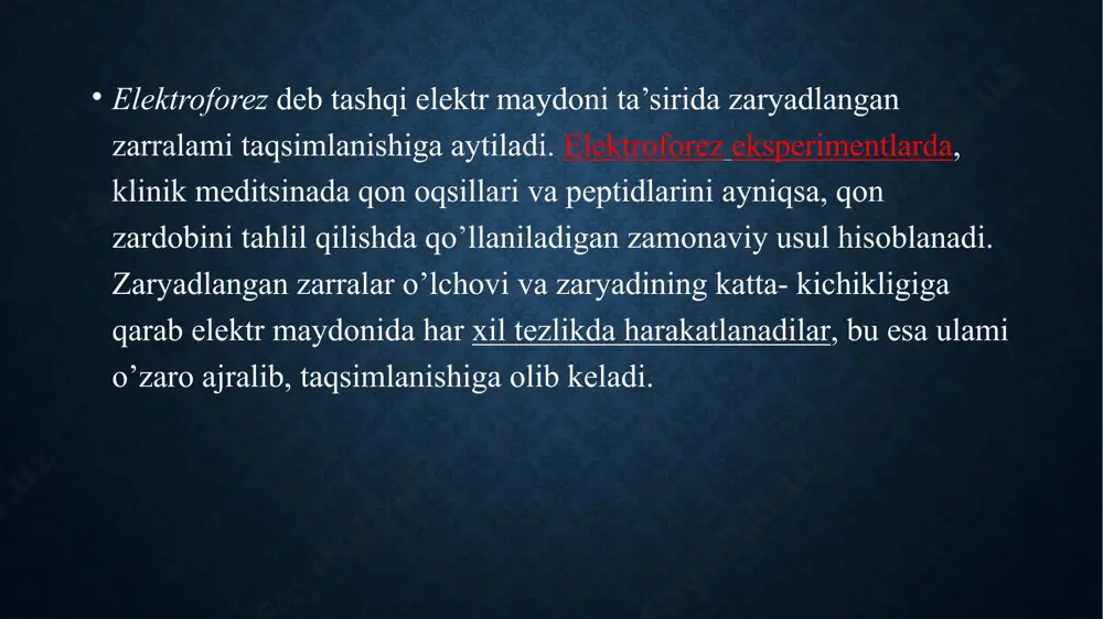 n an’anaviy gel elektroforeziga qaraganda ancha uzoq davom etsa-da, dnkning katta qismlarini ajratish yaxshiroqdir. izoelektrik fokuslash - izoelektrik fokuslash (ief yoki elektr fokuslash) - bu turli xil izoelektrik nuqtalarga asoslangan molekulalarni ajratib turadigan elektroforezning bir shakli. ief ko’pincha oqsillarda amalga oshiriladi, chunki ularning elektr zaryadi phga bog’liq agaroza gelidagi elektroforez image2.jpeg image3.jpeg /docprops/thumbnail.jpeg