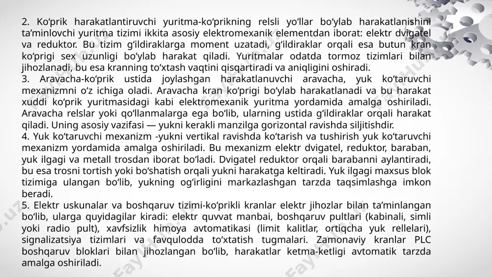 deyiladi, s=1 dan s=skr gacha qismi esa turg‘unmas qism deyiladi. bu erda: jadvalda keltirilgan dvigatelni momenti. faza rotorli asinxron dvigatelning kritik sirpanish qiymatini hisoblash uchun quyidagi formuladan foydalaniladi. bu erda: dvigatelni moment bo‘yicha o’ta yuklanish qobiliyati. sirpanishdan burchak tezlikka o‘tish quyidagi ko‘rinishda bo‘ladi. hisoblash natijalarini quyidagi jadvalga kiritamiz. birliklar 0 1 2 3 skr 5 6 7 8 9 s sirpanish 0 0,066 0,1 0,2 0,27 0,3 0,4 0,6 0,8 1 ω (rad/sek) 75 70,05 67,5 60 54,75 52,5 45 30 15 0 m (n*n) 0 132,1 186,5 274 286,4 284,8 265,6 214,3 173,5 144,1 3 -dvigatelni mexanik xarakteristikasi. xulosa mazkur kurs loyihasida ko‘prikli kranning yuk ko‘tarish va aravacha mexanizmlarini harakatga keltiruvchi avtomatlashtirilgan elektr yuritma tizimi tanlanib, uning barcha elementlari bo‘yicha zarur hisob-kitoblar va texnik-iqtisodiy tahlillar olib borildi. ishlab chiqilgan loyihada quyidagi asosiy masalalarga yechim topildi: ishchi mexanizm tavsifi asosida yuk ko‘tarish tizimi uchun zarur bo‘lgan texnik parametrlar aniqlanib, kranning …