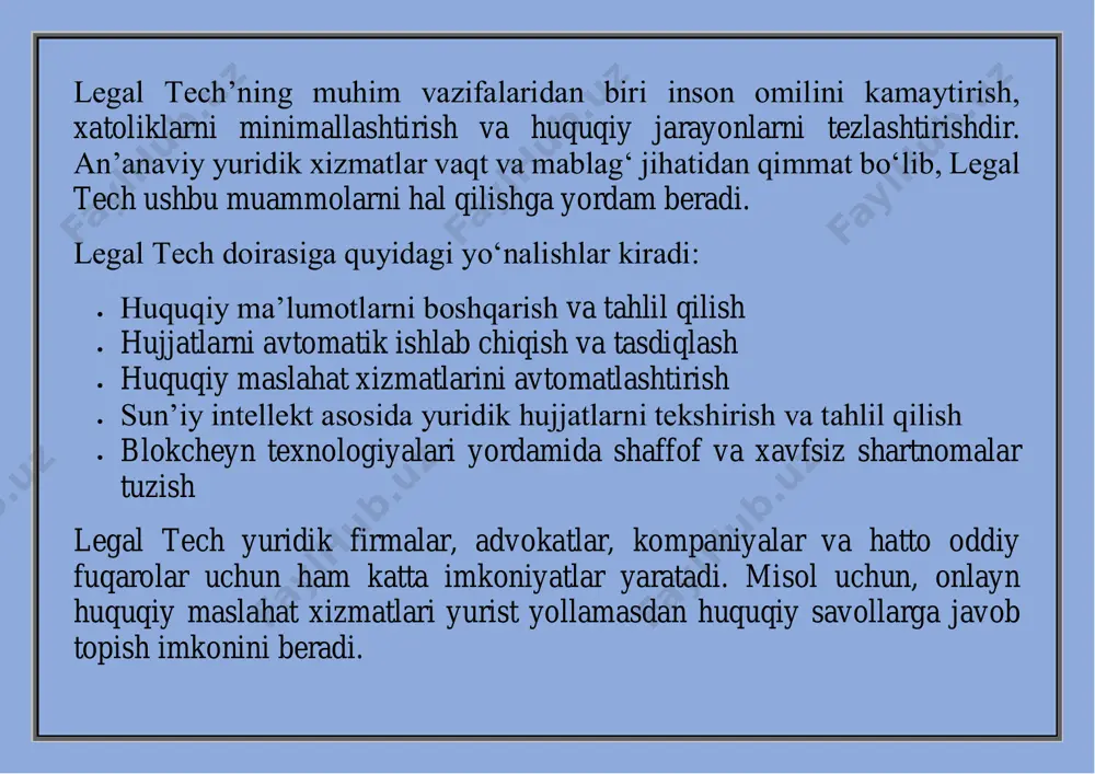 ki advokat xizmatlariga qaraganda arzonroq bo‘lishi mumkin. 4.raqamli huquqiy tizimlar – ma’lumotlar raqamlashtirilgan bo‘lib, huquqiy jarayonlarni avtomatik ravishda boshqarish mumkin. 5.huquqiy xizmatlarga ochiq kirish – kichik biznes egalari va jismoniy shaxslar ham legal tech platformalaridan foydalanib, huquqiy xizmatlardan foydalana oladilar. misol uchun, rocket lawyer, legalzoom va donotpay kabi onlayn platformalar yuridik hujjatlarni tayyorlash, huquqiy maslahat berish va hatto sud da’volarini boshlash imkoniyatini taqdim etadi. legal tech’ning asosiy yo‘nalishlari legal tech quyidagi asosiy yo‘nalishlarga bo‘linadi: 1.huquqiy hujjatlarni yaratish va boshqarish – avtomatlashtirilgan hujjatlar tizimlari yordamida shartnomalar, da’vo arizalari va boshqa huquqiy hujjatlarni yaratish va saqlash mumkin. 2.huquqiy tahlil va yuridik tadqiqotlar – sun’iy intellekt yordamida qonun hujjatlari va sud qarorlarini tahlil qilish va o‘xshash ishlarni topish imkonini beradi. 3.mijozlar bilan ishlash va huquqiy maslahat berish – onlayn chatbotlar va huquqiy maslahat xizmatlari orqali yurist yoki advokat bilan bog‘lanish mumkin. 4.sud jarayonlarini boshqarish va huquqiy risklarni baholash – sud jarayonlarini kuzatish va …