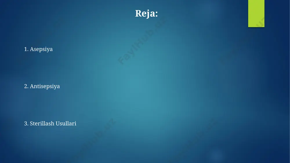 orligiga ega. sterillash usullari radiatsion sterillash, gamma-nurlanish yordamida, tibbiy mahsulotlarni chuqur sterillash uchun qo'llaniladi va 25-50 kgy dozada samarali bo'ladi. gazli sterillash, masalan, etilen oksidi bilan, termik sezgir asbob-uskunalarni, 50-60°c haroratda 4-12 soat davomida sterillash imkonini beradi. asepsiya va antisepsiyaning qo‘llanilishi asepsiya jarrohlik amaliyotlari, invaziv protseduralar va kritik nuqtalarni himoya qilishda, masalan, 100% sterillikni ta'minlash uchun qo'llaniladi, infeksiya xavfini minimal darajaga tushiradi. antisepsiya esa bemorning terisi va shilliq pardalarini patogen mikroorganizmlarning sonini kamaytirish uchun, masalan, jarrohlikdan oldin yoki kateter qo'yishdan oldin ishlatiladi, 5-10 minut davom etadi. e'tiboringiz uchun rahmat @taqdimot_robot image6.jpg image7.jpg image8.jpg image9.jpg image10.jpg image11.jpg image12.jpg image2.png image3.png image4.png image5.png