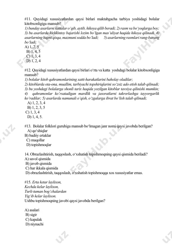 etgan? a) o’quvchilarni yaxshi o’qishga undash b) bolalarga asarlar orqali pand-nasihat berish c) bolalarni kitob o’qishga o’rgatish va mehnatga undash d) bolalarni badiiy adabiyotning sehrli olamiga olib kirish orqali tarbiyalash #20. xalq og’zaki ijodining eng oliy turini belgilang a) topishmoq b) ertak c) alla d) tez aytish #21. maqolga berilgan to’g’ri ta’rifni belgilang? a) xalq yaratgan g’oyat ixcham, chuqur va tugal ma’noli gaplar b) xalq og’zaki ijodining eng oliy turi c) bolalarda chaqqonlik, epchillik kabi jismoniy xitslatlarni paydo qiladigan xalq og’zaki ijodi mahsuli d) real voqelikni aks ettiruvchi majmua #22.gulxaniyning kashmir o‘lkasining go‘zal tabiatini tasvirlash orqali bo‘ladigan asari. a)«toshbaqa bilan chayon» b)«tuya bilan butaloq» c)«yer » d)«maymun bilan najjor» #23.navoiy komil, eng oliy borliq deb hisoblagan qushning nomi nima (lison ut-tayr) a)xudxud b)murshid qush c)semurg‘ d)to‘gri javob yo‘q. #24.a.navoiyning “ mahbub ul- qulub ” asari necha qismdan iborat ? a)3 b)5 c)2 d)7 #25. navoiy qaysi asarida iqtidorli o’qituvchilarni, olimlarni …