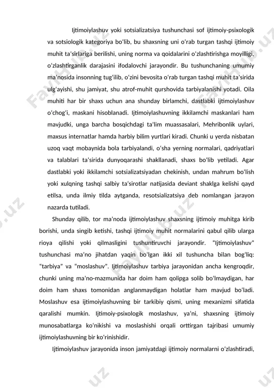 zmunida har doim ham qolipga solib bo‘lmaydigan, har doim ham shaxs tomonidan anglanmaydigan holatlar ham mavjud bo‘ladi. moslashuv esa ijtimoiylashuvning bir tarkibiy qismi, uning mexanizmi sifatida qaralishi mumkin. ijtimoiy-psixologik moslashuv, ya’ni, shaxsning ijtimoiy munosabatlarga ko‘nikishi va moslashishi orqali orttirgan tajribasi umumiy ijtimoiylashuvning bir ko‘rinishidir. ijtimoiylashuv jarayonida inson jamiyatdagi ijtimoiy normalarni o‘zlashtiradi, turli rollarni bajarishga o‘rganadi, jamoatchilik sharoitida o‘zini tutish ko‘nikmalarini hosil qiladi. shaxsning ijtimoiylashuvi shu ma’noda uning ijtimoiy borliqni bilishiga, anglashiga asoslanadi. ijtimoiylashuv manbalariga quyidagilar kiradi: bolalik davrida orttirilgan tajriba – bu jarayon psixik funksiyalarning shakllanishi va dastlabki ijtimoiy xulq normalarining namoyon bo‘lishi bilan parallel ravishda kechadi; ijtimoiy institutlar – ta’lim va tarbiya tizimi; oiladan boshlab, to oliy o‘quv yurtlari va undan yuqori pog‘onalardagi ta’lim olishga imkon beruvchi maskanlar, mehnat jamoalari shular jumlasidandir; muloqot va hamkorlikdagi faoliyat jarayonidagi odamlarning ta’siri. bu o‘rinda ham rasmiy, ham norasmiy sharoitlarda odamlarning bir-birlari bilan muloqoti, muomala maromlari nazarda tutiladi. inson hayoti mobaynida bajaridigan har …