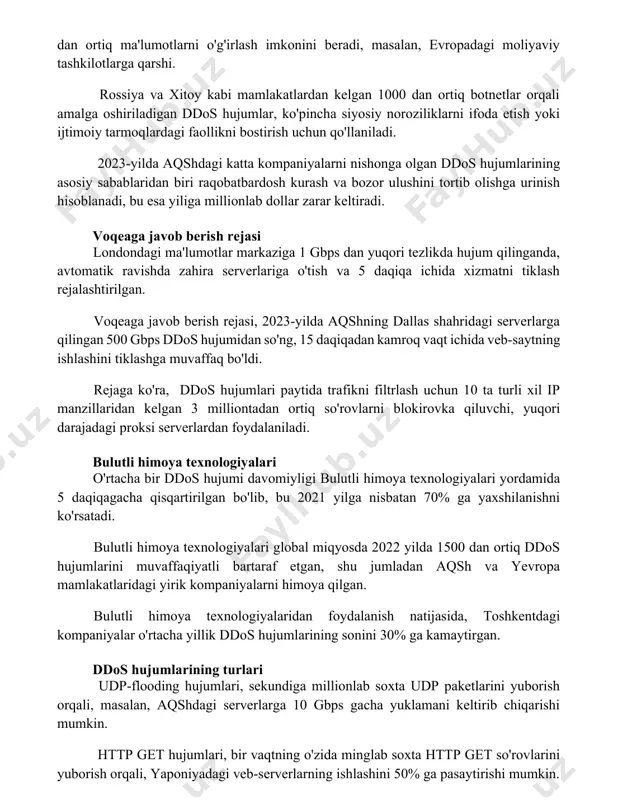 ishlamay qolishiga olib keladi va shu orqali xakerlarga 500 gb dan ortiq ma'lumotlarni o'g'irlash imkonini beradi, masalan, evropadagi moliyaviy tashkilotlarga qarshi. rossiya va xitoy kabi mamlakatlardan kelgan 1000 dan ortiq botnetlar orqali amalga oshiriladigan ddos hujumlar, ko'pincha siyosiy noroziliklarni ifoda etish yoki ijtimoiy tarmoqlardagi faollikni bostirish uchun qo'llaniladi. 2023-yilda aqshdagi katta kompaniyalarni nishonga olgan ddos hujumlarining asosiy sabablaridan biri raqobatbardosh kurash va bozor ulushini tortib olishga urinish hisoblanadi, bu esa yiliga millionlab dollar zarar keltiradi. voqeaga javob berish rejasi londondagi ma'lumotlar markaziga 1 gbps dan yuqori tezlikda hujum qilinganda, avtomatik ravishda zahira serverlariga o'tish va 5 daqiqa ichida xizmatni tiklash rejalashtirilgan. voqeaga javob berish rejasi, 2023-yilda aqshning dallas shahridagi serverlarga qilingan 500 gbps ddos hujumidan so'ng, 15 daqiqadan kamroq vaqt ichida veb-saytning ishlashini tiklashga muvaffaq bo'ldi. rejaga ko'ra, ddos hujumlari paytida trafikni filtrlash uchun 10 ta turli xil ip manzillaridan kelgan 3 milliontadan ortiq so'rovlarni blokirovka qiluvchi, yuqori darajadagi proksi …