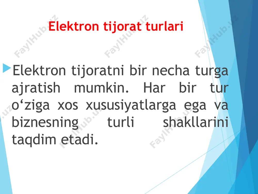 arni o‘z ichiga oladi: mahsulotlarni onlayn platformalarda ko‘rish va buyurtma qilish. to‘lovni elektron usullar orqali amalga oshirish. mahsulotlarni yetkazib berish xizmatlari orqali xaridorga etkazish elektron tijoratning asosiy xususiyatlari 24/7 faoliyat: vaqt va joy chegarasi yo‘q. shaxsiylashtirish: xaridorlar uchun individual xizmat va mahsulot tavsiyalari. tezkorlik: xarid va to‘lov jarayonlari onlayn tarzda amalga oshiriladi. elektron tijorat va an'anaviy savdoni solishtirish vaqt va joy an'anaviy savdo: do‘konlarning ochilish vaqti bilan cheklangan. xaridorlar do‘konga borishlari kerak. elektron tijorat: 24 soat davomida istalgan joydan amalga oshiriladi. xaridorlarga qulaylik yaratadi. xarajatlar elektron tijorat: an'anaviy savdo: do‘kon ijarasi, xodimlar maoshi va boshqa xarajatlarni talab qiladi. platforma yaratish va texnik xizmat ko‘rsatish xarajatlari nisbatan past. mahsulotni tanlash an'anaviy savdo: mahsulotlar cheklangan miqdorda bo‘lishi mumkin. elektron tijorat: keng assortiment va global yetkazib berish imkoniyati mavjud. savdo tajribasi an'anaviy savdo: xaridor va sotuvchi o‘rtasida shaxsiy muloqot mavjud. elektron tijorat: muloqot yo‘q yoki cheklangan. texnologiyalar orqali mijozlar savollariga javob beriladi. to‘lov …
