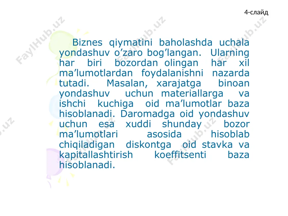 i . biznesqiymatinibaholashningxarajatliyondashuvidaquyidagi2 usulamaliyotdakengroqqo`llaniladi. xarajatga asoslangan yondashuv sof aktivlar qiymati usulitugatish qiymati usuli 1-rasm. xarajatli yondashuv usullari /docprops/thumbnail.jpeg слайд 9 sof aktivlar qiymati – bu tashkilot hisobga olinadigan aktivlari summasidan uning hisobga olinadigan vazifalari summasini chеgirib qolish yo’li bilan aniqlanadigan kattalik. sofaktivlarqiymati–butashkilothisobgaolinadiganaktivlarisummasidanuninghisobgaolinadiganvazifalarisummasinichеgiribqolishyo’libilananiqlanadigankattalik. /docprops/thumbnail.jpeg слайд 10 hisobda qatnashadigan passivlar – bu aksiyonerlik jamiyatining qarzlari tarkibiga quyidagilar kiradi: buxgaltеrlik balansining uchinchi bo’lim moddasi – maqsadga muvofiq moliyalashtirish va tushum; balansning to’rtinchi bandi moddasi – banklar, jimoniy va yuridik shaxslar oldidagi uzoq muddatli qarzlar; balansning bеshinchi bo’limi moddasi – banklar, jimoniy va yuridik shaxslar oldidagi qisqa muddatli qarzlar, summadan tashqari “kеlajak davr daromadi” moddasida aks etgan hisob va boshqa passivlar. hisobdaqatnashadiganpassivlar–buaksiyonerlikjamiyatiningqarzlaritarkibigaquyidagilarkiradi: –buxgaltеrlikbalansininguchinchibo’lim moddasi–maqsadgamuvofiqmoliyalashtirishvatushum; –balansningto’rtinchibandimoddasi– banklar,jimoniyvayuridikshaxslar oldidagiuzoqmuddatliqarzlar; –balansningbеshinchibo’limimoddasi– banklar,jimoniyvayuridikshaxslaroldidagiqisqamuddatliqarzlar, summadantashqari“kеlajakdavrdaromadi”moddasidaaksetganhisob vaboshqapassivlar. /docprops/thumbnail.jpeg слайд 11 sof aktiv qiymatini baholash tartibini shartli ravishda quyidagicha aks etirish mumkin : ca = ar – pr bu yerda, ar – hisobga olinadigan aktivlar; pr – hisobga olinadigan passivlar. sofaktivqiymatinibaholashtartibinishartliravishdaquyidagichaaksetirishmumkin: …