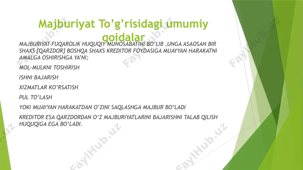 ko’chmas mulkni topshirish majburiyatlari bo’yicha ko’chmas mulk joylashgan yerda; tashishni nazarda tutadigan bo’lsa, birinchi tashuvchiga topshirish joyida; pul majburiyati bo’yicha- majburiyat vujudga kelgan paytda kreditor yashash joyida boshqa majburiyatlar bo’yicha qarzdorning yashash joyida agar yuridik shaxs bo’lsa joylashgan yerida amalga oshiriladi. qarzni depozitga qo’yish yo’li bilan majburiyatni bajarish qarzdor uzi to’lashi lozim bo’lgan pul yoki qimmatli qog’ozlarni notariusning depozitiga yoki sudning depozitiga qo’yishga haqli. muqobil majburiyatni bajarish agar qarzdor ikki yoki bir necha harakatlardan birini qilishi lozim bo’lsa, tanlash ixtiyori qarzdorda bo’ladi. solidar qarzdorlar majburiyatlari bo’yicha kreditorning huquqlari qarzdorlar sherik bo’lib majburiyat olganida kreditor hamma qarzdorlaridan majburiyatni solidar bajarishni ham ularning har biridan alohida alohida bajarishi ham mumkin. solidar majburiyatning qarzdorlardan biri tomonidan bajarilishi solidar majburiyatning biri tomonidan to’liq bajarilishi qolgan qarzdorlarni kreditor oldidagi majburiyatni bajarishdan ozod qiladi. majburiyatning bajarilganligini tasdiqlash kreditor majburiyatni bajarishni qabul qilib olgan vaqtida, qarzdorning talabi bilan unga tilxat berishi shart. tilxat o’rniga qaytarib berilayotgan qarz …