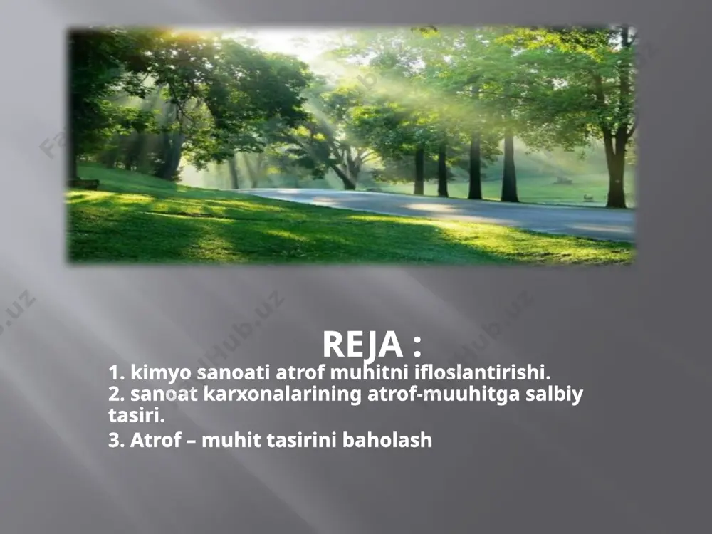 ridan atmosferaga chiqariladigan tutun va changlar tarkibida oltingugurt gazi vat emir oksididan tashqari surma, qo‘rg’oshin, mishyak (margumush), simob bug’lari(qora metallurgiya), mis, rux(rangli metallurgiya) kabi zaharli og’ir metallar ham bo‘ladi. yuqorida fikr yurtganimizdek sanoat karxonalari nafaqat mahsulotlar ishlab chiqaradi balki atrof-muhitga chiqindilar ham tashlaydi, bu esa tabiatga o'zini salbiy ta'sirini ko'rsatadi atrof-muhitni baholash jarayoni hukumatlar va jamoat tashkilotlari infratuzilma loyihasini boshlashdan oldin atrof-muhitga ta'sir qilishi mumkin bo'lgan narsalarni ko'rib chiqishni ta'minlaydi atrof muhitga ta'sirni baholash - bu o'zaro bog'liq bo'lgan ijtimoiy-iqtisodiy, madaniy va inson salomatligi ta'sirini hisobga olgan holda taklif etilayotgan loyiha yoki ishlanmaning atrof-muhitga ta'sirini foydali va salbiy ta'sirini hisobga olgan holda baholash jarayoni. e’tiboringiz uchun raxmat image2.png image3.png image4.jpeg image5.png image6.png image7.png image8.png /docprops/thumbnail.jpeg