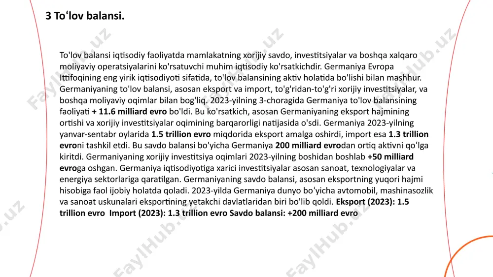 ori: germaniyaning sanoat sektori, ayniqsa avtomobil sanoati, mashinasozlik va kimyo sanoatida mustahkam o‘sishga erishdi. sanoat sektori germaniyaning yimining 30-35% ini tashkil etadi. xizmatlar sektori: xizmatlar sektori germaniyaning yimiga eng katta hissa qo'shgan sektor bo'lib, 55-60% ni tashkil etdi. bu sohada moliya, texnologiyalar va sog'liqni saqlash xizmatlari muhim o'rin tutadi. qishloq xo'jaligi sektori: germaniya qishloq xo'jaligi sektori yimning 1-2% ini tashkil qiladi. bu sektor iqtisodiyotda nisbatan kichik o'ringa ega bo'lsa-da, eksport va ichki ehtiyojlarni qondirishda muhim ahamiyatga ega. 5 yalpi ichki mahsulot. ... t.me/slaydai_bot germaniya iqtisodiyoti uchun eksport va import juda muhim o‘rin tutadi. germaniya dunyodagi eng yirik eksportchilaridan biri hisoblanadi va uning eksporti global iqtisodiy aloqalarda muhim rol o'ynaydi. shuningdek, germaniya o'zining iqtisodiy o'sishiga ta'sir etuvchi importga ham katta e'tibor beradi. germaniyaning eksporti 2023-yilda 1.55 trillion evroni tashkil etdi. bu dunyodagi eng yirik eksportchi davlatlardan biri bo'lishiga imkon beradi. germaniya eksportida yuqori sifatli sanoat mahsulotlari, mashinalar, kimyoviy mahsulotlar, avtomobillar, elektr …