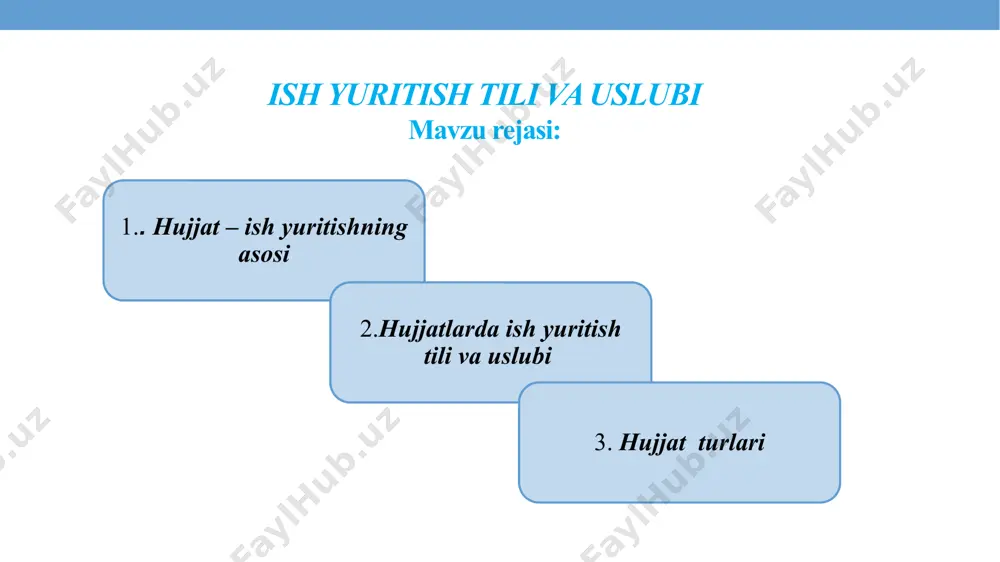 agi yagona qoliplarini yaratish, ular bilan bog‘liq atamalarning bir xilligiga erishish muhim ahamiyatga ega. masalan, ma’lumotnomada axborot berilsa, buyruqda da’vat etish, buyurish o‘z aksini topadi hujjatlarda tilning ikki vazifasi amalga oshadi buyurish, da’vat etish xabar berish hujjatchilik rasmiy uslubda amalga oshiriladi. rasmiy uslub davlat arboblari o‘rtasidagi diplomatik munosabatlarda, idora, korxona, muassasalarning rasmiy ish yuritish jarayonlarida qo‘llangani holda shaxslar o‘rtasidagi, shaxslar bilan idora o‘rtasidagi ijtimoiy muno sabatlarni ifodalash uchun xizmat qiladi ish qog‘ozlarining har bir turi qabul qilingan shaklda va muayyan izchillikda tuziladi.hujjatlarda o‘chirish yoki tuzatishga yo‘l qo‘yilmaydi ish qog‘ozlari, odatda siyohli, sharikli ruchkada aniq dastxat bilan yoziladi. ariza, tarjimayi hol, bildirgi kompyuterda yozilmay, faqat qo‘l bilan yoziladi. dalolatnoma (akt), bayonnoma, hisobot kabi hujjatlar kompyuterda terilishi mumkin qisqalik, aniqlik, soddalik rasmiy uslub, ish yuritishning bosh belgilaridir. bu uslubda ibora va jumlalar bir qolipda bo‘ladi. davlat hujjatlarida, rasmiy uslubda so‘zlar ko‘chma ma’noda ishlatilmaydi hujjatlardaish yuritish tili va uslubi hujjatchilikda imlo va tinish …