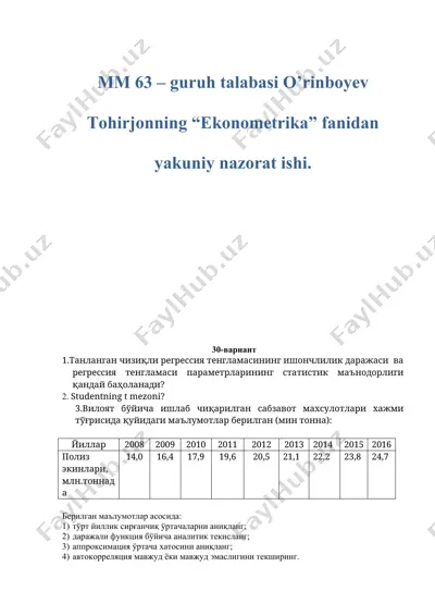 ekonometrika fanidan yakuniy nazorat ishi — DOCX