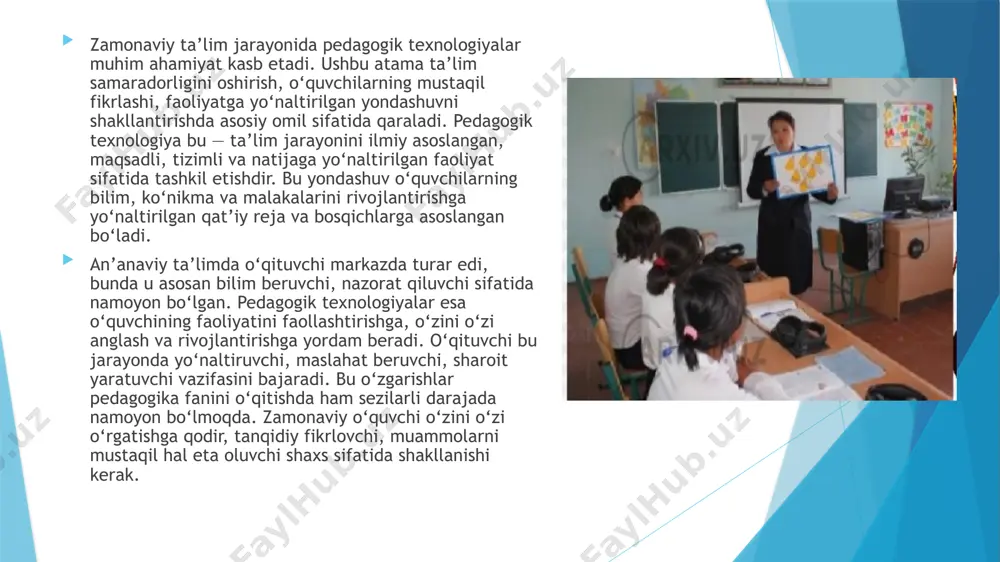 to‘g‘ri tanlashi, uni didaktik maqsadga moslashtira olishi zarur. har bir texnologiyaning o‘ziga xosligi, qo‘llash shart-sharoitlari, o‘quvchilarning tayyorgarlik darajasi inobatga olinishi lozim. o‘qituvchi metodik jihatdan puxta tayyorlangan, texnologiyalardan samarali foydalanishga tayyor bo‘lishi kerak. shuningdek, texnik vositalar bilan ta’minlanganlik darajasi ham texnologiyalarning samarali joriy etilishiga bevosita ta’sir ko‘rsatadi. agar dars o‘tish uchun zarur bo‘lgan texnik vositalar (kompyuter, internet, multimedia vositalari) yetarli bo‘lmasa, hatto eng ilg‘or texnologiya ham natija bermasligi mumkin. yana bir muhim omil — bu o‘quvchilarni yangi texnologiyalarga moslashtirish. ba’zan o‘quvchilar passiv bo‘lishi, texnologiyalarning mohiyatini anglamasligi mumkin. shu sababli, o‘qituvchi bu texnologiyalarning foydasini tushuntirish, jarayonni shaxsga yo‘naltirilgan tarzda olib borishi zarur. pedagogik texnologiyalarni qo‘llashda uchraydigan muammolarga quyidagilarni kiritish mumkin: o‘qituvchilarning metodik tayyorgarligi yetarli emasligi, o‘quvchilarni faol jalb qilishdagi qiyinchiliklar, texnologiyani noto‘g‘ri tanlash yoki noto‘g‘ri qo‘llash, ta’lim muassasasining moddiy-texnik bazasi bilan bog‘liq muammolar. bunday muammolarni bartaraf etish uchun pedagog kadrlarni doimiy malaka oshirish kurslaridan o‘tkazish, amaliyotga yo‘naltirilgan seminar va treninglar tashkil etish, …