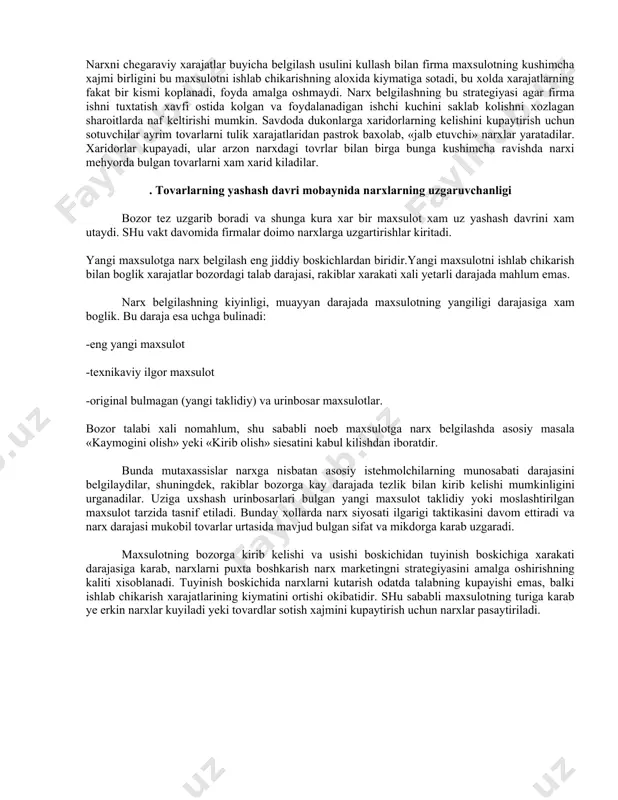 ta gurux omil natijasida shakllanadi: 1.talab omillari (bozorda uxshash tovarlar mavjudligi va ularga bulgan narxlar, bozorga kirish, xaridorlar daromadlari, xaridorni talablari, talabga yunaltirilgan narx) 2.xarajat omillari (ishlab chikarish xarajatlari, marketing xarajatlari, foyda). 3.rakobat omillari (tarmokdagi firmalar soni, aynan uxshash import tovarlari,rakobatchilar tovarlariga bulgan narxni bilish. asosiy narxni belgilash uslubi kuyidagilardan iborat: -narxlashtirish masalasi kuyiladi, -talabi aniklanadi, -xarajatlari baxolanadi, -rakobatchilar tovari va narx taxlil kilinadi, -narxni shakllantirish uslubi tanlanadi, -oxirgi natijaviy narx urnatiladi. firma talab chizmasiga asoslanib, xarajatlarning mikdorini belgilab, rakiblar narxlarini urganib, uz maxsulotlariga narx belgilashga kirishadi. bunda narx belgilashning turli usullaridan foydalanish mumkin. kupincha korxonalar maxsulot sotish narxini aniklashda sodda formulalardan foydalanadi. formulalarga kura narx belgilash narx belgilashning boshka jami usullari kabi, birinchi navbatda ehtiborni foydaga karatadi, talabni xisobga olmaydi. «urtacha xarajatlar plyus foyda» tamoyili buyicha narx belgilash tovarning tannarxiga muayyan ustama kuyishdan iborat bulib, narx belgilashning eng oddiy usuli xisoblanadi. ustama narx mikdori tovar turiga karab, juda keng …