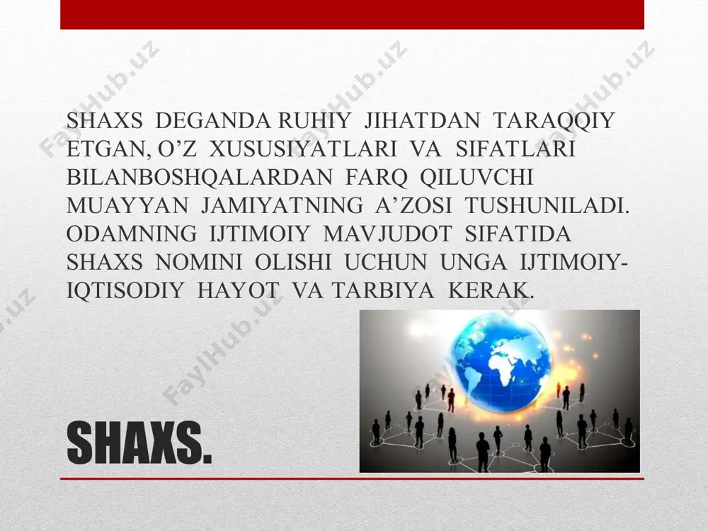 im ahamiyatga ega. shaxs rivojlanishiga ta’sir etuvchi omillar. 1.irsiyat 2.ijtimoiy muhit 3.ta’lim-tarbiya 4.faoliyat. irsiyat. irsiyat deganda bolaga ota-ona va umuman yaqin avlodlardan, ya’ni nasldan-naslga o’tadigan biologik xususiyat va o’xshashliklar tushuniladi. muhit. muhit deganda kishiga ta’sir etadigan tashqi voqealarning yig’indisi tushuniladi. bola yoshini davrlashtirish. 1.go’daklik, chaqaloqlik davri(tug’ilgandan to 1yoshgacha bo’lgan davr) 2.yosh davri 1yoshdan 3yoshgacha 3.maktabgacha tarbiya yoshi 3yoshdan 6-7yoshgacha 4.maktab yoshidagi kichik o’quvchilar 6-7yoshdan 11-12 yoshgacha 5.o’rta maktab yoshidagi o’quvchilar 12dan 15-16yoshgacha 6.maktab yoshidagi katta o’quvchilar yosh xususiyatlari. ma’lum bir yosh davriga xos bo’lgan anatomik, fiziologik va ruhiy xususiyatlar yosh xususiyatlari deb ataladi. go’daklik davri. yangi tug’ilgan bola sharoit yaxshi bo’lsa, jismoniy jihatdan tez o’sadi asab tizimi tez taraqqiy qiladi. 3oylik bo’lganda buyumlarni farqlaydi, ayrim tovushlar chiqaradi, 6-8oylikda rang va shaklni farqlaydi, 11-12oyida atrofdagilarni taniydi, nutqi o’sa boradi. yosh davri. yosh davri yurish davri ham bo’ladi. bola ko’p o’yin o’ynaydi, jumlalar, gaplar tuzadi. kattalarning yurish-turishi va odobi bolalar ruhiyatiga ta’sir …