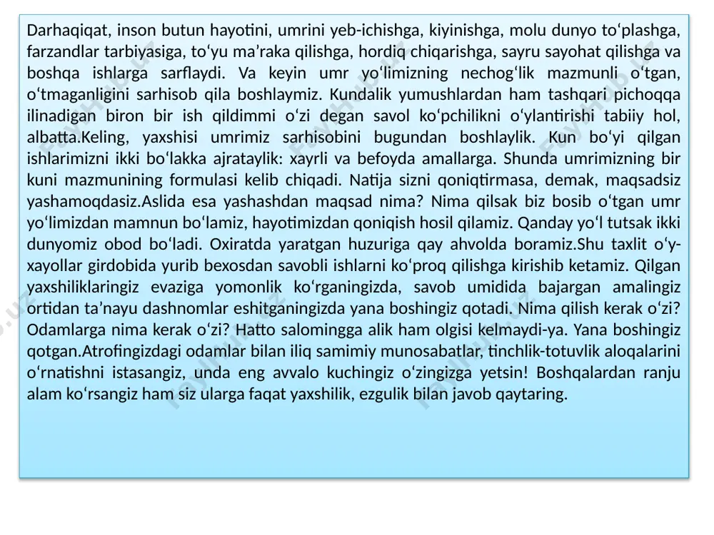 tlar ichra azizu mukarram sanalgan inson atalmish xilqatga yaratgan tomonidan ato etilgan buyuk bir ne’matdir. insonda bir foiz qobiliyat va to‘qson to‘qqiz foiz mehnat muvaffaqiyatga-yetaklaydi hayotimizdagi barcha qulayliklar robotlar, mashinalar, ovqat pishiradigan moslama, kir yuvadigan, quritib ilib hatto kiydirib qo‘yadigan-mashinalar-ham-yo‘q-emas. albatta bunday texnikalarning barini inson o‘z qo‘li bilan yaratmoqda. ha, biz ham qobiliyatlimiz, bizning qo‘limizdan ham ko‘p narsalar kelishi mumkin. bizning shu kabi buyuk kashfiyotlarni yaratib qo‘ygan insonlardan hecham kam joyimiz yo‘q. biz ham ulardek ixtirolar qilib, yurtimiz kelajagiga o‘z hissamizni qo‘shishimiz mumkin. lekin birinchi o‘rinda insonda maqsad bo‘lishi kerak, deb o‘ylayman. maqsad yo‘lida tinmay izlanish va tajriba orttirish insonni buyuklikka yetaklaydi. axir aytishadiku “insonda bir foiz qobiliyat va to‘qson to‘qqiz foiz mehnat muvaffaqiyatga-yetaklaydi”-deb. lekin hamma muvaffaqiyatlar zamirida o‘sha bir foiz qobiliyat yotadi. ko‘pincha, biror ishni boshlashdan avval omadsizlikka uchrashdan qo‘rqamiz va uni iloji boricha ortga suramiz. yo‘q, axir hayotimizga o‘zgartirishlar kiritish payti kelmadimikan! ikkilanish va qo‘rqish doimo o‘zimizga dushman …