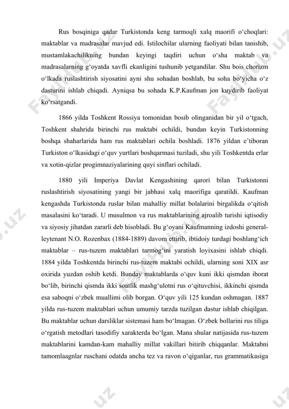 chun umumiy tarzda tuzilgan dastur ishlab chiqilgan. bu maktablar uchun darsliklar sistemasi ham bo‘lmagan. o‘zbek bollarini rus tiliga o‘rgatish metodlari tasodifiy xarakterda bo‘lgan. mana shular natijasida rus-tuzem maktablarini kamdan-kam mahalliy millat vakillari bitirib chiqqanlar. maktabni tamomlaagnlar ruschani odatda ancha tez va ravon o‘qiganlar, rus grammatikasiga doir biron bir qoidani ham yoddan aytib bera olganlar, lekin og‘zaki so‘zlashda qo‘pol xatolar qilganlar. 19-asr oxiriga kelganda turkiston o‘lkasidagi rus-tuzem maktablari uchun darsliklar sistemasi tuzilgan. bu sistema ko‘rgazmali-og‘zaki metod asosida tuzilgan edi. lekin darslikdagi asosiy kamchilik shunda ediki, unda o‘quvchilarning ona tili hisobga olinmagan edi. 1898 yilgi andijon qo‘zg‘oloni turkiston ma’murlarni musulmon ruhoniylariga extiyotlik bilan qarashga majbur etdi. shu munosabat bilan turkiston ma’murlari rus-tuzem maktablarining rolini ko‘tarmoqchi bo‘ldi. bunda avvalo mahalliy o‘quvchilar sinflariga e’tibor berila boshladi. farg‘ona harbiy gubernatori n.i. korolkov 1898 yilda imperatorga yo‘llagan hisobotida podsho ma’muriyatining o‘lkani ruslashtirish borasidagi dasturini bayon etib, tuzemetslarning o‘z bolalarini ixtiyoriy rus-tuzem maktablariga berishiga erishish muhimligiga e’tiborni …