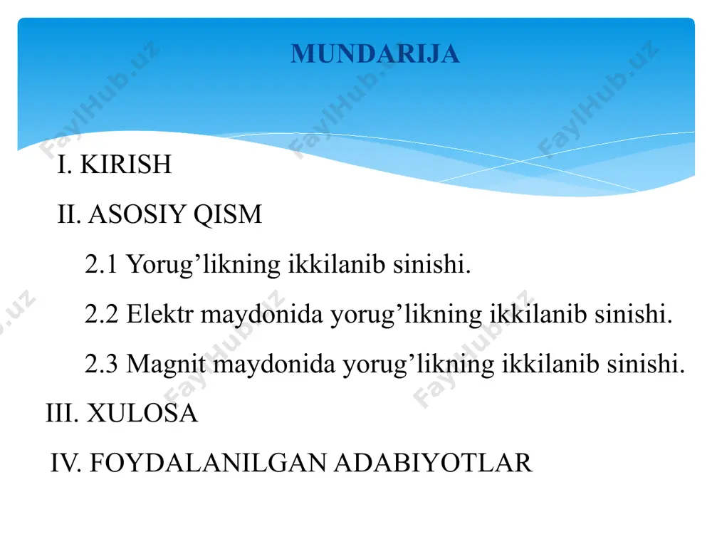 an birining elektr tebranishlari kristalning bosh optik tekisligiga perpendikulyar bo’ladi va bu nur oddiy nur (o) deb ataladi. ikkinchi nurning elektr tebranishlari esa kristalning bosh optik tekisligida bo’ladi va; bu nur g’ayrioddiy nur deyiladi (e) deyiladi. (1-rasm). 1-rasm. yorug’likning kristallda ikkilanib sininshi qubik sistemaga kiruvchi kristallardan boshqa hamma kristallar nurni ikkilantirib sindirish xossasiga ega. oddiy va g’ayrioddiy nurlarga bo’linadi, bunday ikki nurga bo’linishning asosiy sababi muhitning anizatropligidir 2-rasm.oltiburchakli kristallda yorug’likning ikkilanib sinishi. 3-rasm. shaffof plastinkada yorug’likning ikkilanib sinishi. 4-rasm.plastinkada yorug’likning ikkilanib sinishi. 5-rasm. og’ma parallelepipedda yorug’likning ikkilanib sinishi. 6-rasm. izotrop muhit uchun (1) (2) (3) anizotrop muhit uchun (4) (5) (6) (7) kristalga kirib ajralgan har ikkala yorug’lik nurlar o’zaroyo’nalishlarda chiziqli qutblangandir. kristallarda shunday yo’nalish mavjudki, agar ana shu yo’nalish bo’yicha yorug’lik nuri tashlansa yorug’likning ikkilanib sinish hodisasi ro’y bermaydi, bu yo’nalishga kristallning optik o’qi deyiladi. kerr ko’pgina suyuq dielektriklar elektr maydoni ta’siri ostida anizatrop bo’lib qolishini ko’rsatgan. suyuq dielektriklar …