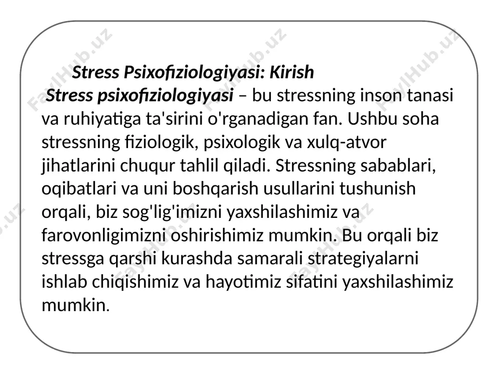di, gipofiz gormonlarni ishlab chiqaradi va buyrak usti bezlari kortizolni ajratadi. ushbu jarayonlar tananing stressga moslashishiga yordam beradi. stressning fiziologik reaksiyalari: yurak-qon tomir, immun va endokrin sistemalar yurak-qon tomir sistemasi stress yurak urishini tezlashtiradi, qon bosimini oshiradi va qon tomirlarini toraytiradi. uzoq muddatli stress yurak kasalliklari xavfini oshirishi mumkin. immun sistemasi stress immunitetni susaytiradi, infektsiyalarga qarshi kurashish qobiliyatini pasaytiradi va kasalliklarga chidamlilikni kamaytiradi. surunkali stress autoimmun kasalliklar xavfini oshirishi mumkin. endokrin sistemasi stress gormonal muvozanatni buzadi, qandli diabet, qalqonsimon bez kasalliklari va reproduktiv muammolarga olib kelishi mumkin. kortizolning doimiy yuqori darajasi metabolik sindrom xavfini oshiradi. stress va miya faoliyati: diqqat, xotira va qaror qabul qilish diqqat stress diqqatni jamlashni qiyinlashtiradi, chalg'itadi va ish faoliyatini pasaytiradi. diqqatning susayishi xatolarga va baxtsiz hodisalarga olib kelishi mumkin. xotira stress xotirani buzadi, yangi ma'lumotlarni eslab qolishni qiyinlashtiradi va mavjud xotiralarni chalkashtiradi. uzoq muddatli stress miya hujayralariga zarar yetkazishi mumkin. qaror qabul qilish stress ratsional …