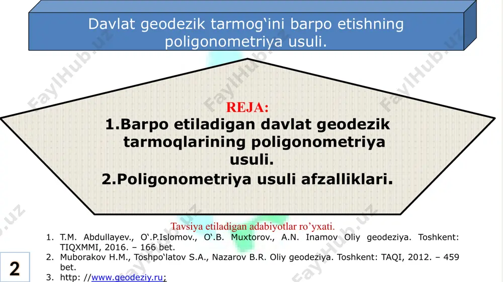 riangulyasiyaga qaraganda ancha kam, chunki poligonometriyada shartli tenglamalar soni kam, punktlar soni triangulyasiya teng bo‘lishiga qaramasdan. yuqoridagi kamchiliklardan aytishimiz mumkinki, yuqori klass aniqlikda geodezik tarmoqlarni barpo etishda poligonometriya usulining imkoniyati trianguyasiyaga qaraganda chegaralangan. tayanayotgan punktlariga nisbatan past bo‘lgan klassdagi geodezik tarmoqlarni barpo etishda ayniqsa sveto va radiodalnomerlardan foydalanilganda poligonometriya usulining operativligi kuchlidir, o‘lchash ishlarida raqamni indikatsiyalashli. 6 davlat poligonometriyasi oid ma’lumotlar. shahar hududida yoʼl masshtabli topografik sʼyomkalarni bajarish xususiyatlari shahar hududida qurilish obʼektlarini loyihasi uchun topografik asos masshtabi 1:500 sʼyomkani bajarib olinadi. topografik sʼyomkani geodezik sʼyomka asosi boʼlib teodolit va taxeometrik yoʼllar mikrotirangulyatsiya xizmat qiladi. yer usti yirik masshtabli (1:1000; 1:500) topografik sʼyomkalar asosan zamonaviy elektron taxeometrlarda bajariladi. shahar hududini 1:5000; 1:2000 masshtablardagi topografik planlarni aerosuratlardan sterofotografik usulda tuziladi. elektron teodolit south et-02 -15- 1000 metrdan koʻrinadigan lazer koʻrsatgich aniqligi ≤4cm/1000m) burchak aniqligi 2" tiniq va katta lcd displey truboprovod, tunellarni burg’ulash dasturlarini bajarish uchun muljallangan. elektron teodolit south nt-02d …