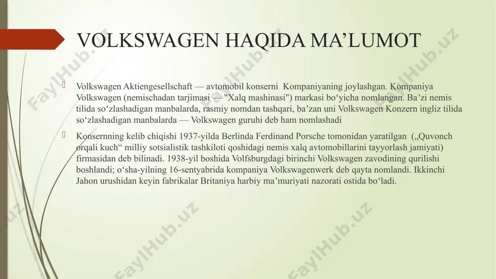 rik moliyaviy operator boʻlib, bosh qarorgohi braunshveygda joylashgan. 2009-yil oxirida volkswagen financial services aktivlari 60,2 milliard yevroni tashkil etdi. volkswagen financial services boʻlinmalarida germaniyada 3600 xodimlari, shu jumladan, butun dunyo boʻylab 5000 dan ortiq kishi mehnat qilmoqda. boʻlim quyidagilarni amalga oshiradi: xususiy va korporativ mijozlar uchun avtomobillar ishlab chiqarish va sotib olishni moliyalashtirish (volkswagen bank); xususiy va korporativ mijozlarga bank xizmatlarini koʻrsatish (volkswagen bank direct / audi bank direct); shaxsiy va korporativ mijozlarga sugʻurta xizmatlarini koʻrsatish (volkswagen bank gmbh / volkswagen-versicherungsdienst: volkswagen bank, audi bank, seat bank, škoda bank); xususiy va korporativ mijozlarga lizing xizmatlari koʻrsatish (volkswagen leasing); flotni boshqarish (volkswagen leasing / leaseplan corporation); logotip evolutsiyasi volkswagen ag groupning daromadi 2010-yilda volkswagen ag groupning daromadi 57.243 milliard yevroni, sof foydasi — 1.55 milliard yevroni tashkil etdi. 2009-yilda global inqirozga va avmobillar sotilishining umumiy pasayishiga qaramay, kompaniya butun dunyo boʻylab avtomobil savdosini 0,6 % ga oshirdi. bu 6,23 million dona …