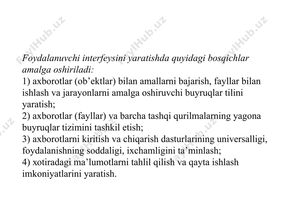 yoni bloklari quydagilar pdt da oʻqituvchining faoliyat algoritmi quyidagicha uch bosichli o’qitish sxemasi : - qo’yilgan masalani (savolni soddalashtirish), - javobni rag’batlantirish yoki mustahkamlash, - sodda masalalarni murakkablashtirish. chiziqli dasturlar kirish axborot savol javob - + ichki boshqariluvchi pdv kirish axborot savol javob - + ma’lumotnoma qo’shimcha axborot tashqi boshqariluvchi pdv chiqish ma’lumotnoma savol 1 javob - + ma’lumotnoma qo’shimcha axborot savol 2 javob javobni taxlil qilish savol 1* javob chiqish + javobni taxlili chiqish - ориентация на активную познавательную деятельность обучающегося диалоговый режим работы программы малозначащая информация – исключается важная информация — выделяется применяются разнообразные формы заданий, вопросы, которые побуждающие к мыслительной деятельности ta’lim oluvchiga boshqaruvchi vosita sifatida yordam berish «yordam» tipidagi xabar xizmat-boshqaruvchi o‘quv xizmat-boshqaruvchi tipidagi xabarlar • pdv bian ishlash qoidalari, usullari va tartibi haqida instruksiyalar; • javoblarni tayyorlash va kiritishda qo’llanadigan asosiy shartli belgilar ro’yhati; • dialog vaqtida o’quvchi kiritishi mumkin bo’lgan so’rovlar formasi . image1.png …
