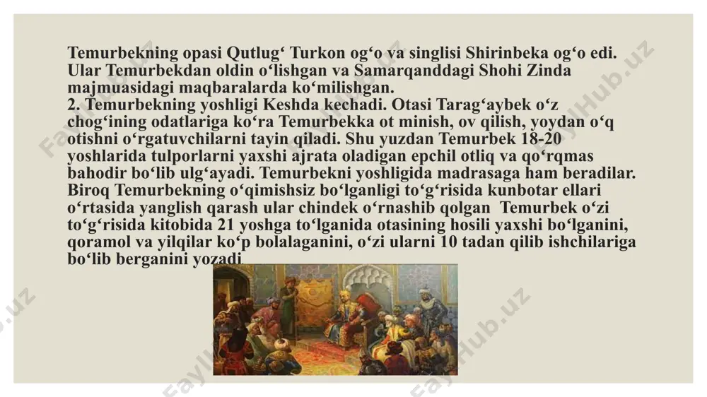 kiradi. yillik belgilangan soliq toʻlashi belgilanadi. eron, afgʻoniston va kavkazdagi davlatlar – barchasi temurbek davlati ichiga kiradi. xulosa:amir temur buyuk davlat arbobi sifatida nafaqat markaziy osiyoda, balki butun dunyo tarixida muhim o‘rin tutgan shaxsdir. u kuchli harbiy salohiyat, oqilona boshqaruv tamoyillari va adolatli siyosati bilan katta imperiya barpo etgan. uning davlat boshqaruvidagi asosiy tamoyillari – tartib-intizom, qonun ustuvorligi va bilimli kadrlarni qo‘llab-quvvatlash edi. amir temur o‘z yurishlari orqali nafaqat hududlarni kengaytirdi, balki iqtisodiy, madaniy va ilmiy taraqqiyotga ham katta hissa qo‘shdi. uning davrida samarqand jahonning yirik ilm-fan va madaniyat markazlaridan biriga aylandi. u yaratgan temuriylar davlati keyinchalik ilm-fan va madaniyat rivojiga ulkan turtki berdi. meri. medieval islamic civilization. routledge, 2005 — 812-bet. isbn 978-0415966900. „timur | biography, conquests, empire, & facts | britannica“. www.britannica.com. qaraldi: 2022-yil 28-sentyabr. muntaxab-al lubab, xafi xon nizom-ul-mulkiy, vol i, p. 49. printed in lahore, 1985 e’tiboringiz uchun rahmat image2.jpg image3.jpg image4.jpg image5.jpg image6.jpg image7.jpg image8.jpg …