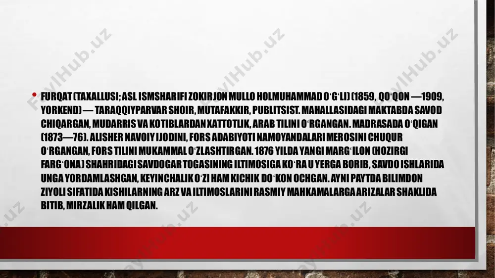 ga aylantirilishi voqeasiga bogʻliq holda yaratilgan: “demish xon bir kunikim, davru davronlar qayon qoldi?” misrasi bilan boshlanuvchi muxammasi ham f.ning shu davrdagi ijodi mahsulidir. toju taxtdan, shaʼnu shavkat va aʼyonlardan maxrum boʻlgan xudoyorxon nomidan bitilgan bu asar ham shoir ijodida zamonaviy ijtimoiy mavzu keng oʻrin egallaganinint isbotidir. ijodiy merosida anʼanaviy sheʼriy turlar, oʻzbek mumtoz adabiyotidagi asosiy mavzular yetakchi urin egallaydi. uning gʻazal va muxammaslari, bogʻlagan taxmislari uzining hayotiyligi, musiqiyligi, nihoyatda samimiyligi bilan oʻquvchini maftun etadi. f. sheʼrlarida onayurt tabiati va bahor goʻzalligi, joʻshqin sevgi- muhabbat va chin insoniy fazilatlar, hayot shodliklaridan quvonish va turmush tashvishlaridan shikoyat qilish, umuman, odam va olam, kishilarning maʼnaviy dunyosi, mehri va qahri yaqqol tasvirlangan. mac, “bahor ayyomida gulgasht etarga bir chaman boʻlsa”, “umr xush oʻtmas bahor ayyomi sahro boʻlmasa”, “surmadin koʻzlar qaro, qoʻllar xinodin lolarang”, “jannatning gullaridan gulzoringiz chiroylik”, “koʻngul dardigʻa topmay boraman hargiz davo istab”, “fasli navbahor oʻldi ketubon zimistonlar” kabi misralar bilan boshlanuvchi …