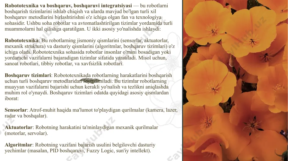 lash holatini nazorat qilish uchun. tog'ri va teskari aloqalar (feedback) tizimlari:optik datchiklar: bu datchiklar robotni atrofidagi yorug'lik va rangni aniqlashda ishlatiladi. ko'pincha vizual tizimlar bilan birga ishlaydi. induktiv datchiklar: obyektlarning pozitsiyasini aniqlash uchun magnetik maydonlardan foydalanadi. ko'pincha robotning manipulyatori va boshqa harakatlanuvchi qismlarini nazorat qilishda ishlatiladi. gyroskoplar: robotning burchakli tezligini aniqlaydi, harakat va yo'nalishni nazorat qilishda muhim rol o'ynaydi. accelerometrlar (tezlanish datchiklari): robotning tezlanishini va harakatini o'lchash uchun ishlatiladi. bu datchiklar sanoat robotlarining harakatini va interaktivligini yaxshilash, xavfsizlikni ta'minlash va samarali ishlashni ta'minlash uchun zarurdir. har bir turdagi datchik o'zining maqsadiga mos keladigan texnik muammolarni hal qilish uchun ishlatiladi. datchiklarning afzalliklari va kamchiliklari, ularning turiga, ishlash shartlariga va konkret qo'llanilish sohalariga qarab farq qiladi. quyida sanoat robotlarida qo'llaniladigan datchiklarning umumiy afzalliklari va kamchiliklari keltirilgan. 9 fazoviy o'zgarish datchiklari afzalliklari: 10 aniqlik va tezlik: datchiklar robotning harakatini juda aniqlik bilan nazorat qiladi, bu esa robotning yuqori samaradorlikda ishlashini ta'minlaydi. masalan, pozitsiya …