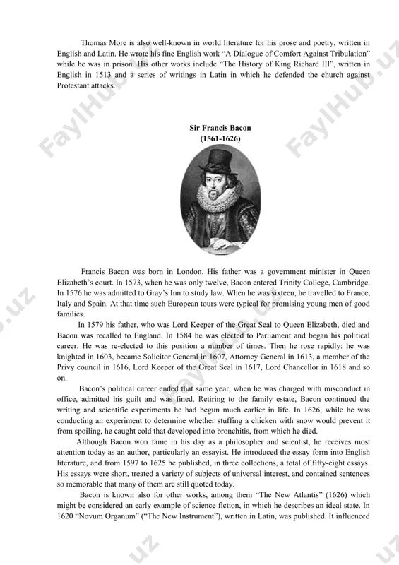 et sequences. a sonnet sequence is a group of sonnets based on a single theme or about one person. narrative poetry. a narrative poem tells a story. shakespeare’s “venus and adonis” and spenser’s “the faerie queene” are the examples of narrative poetry. sir thomas more (1478-1535) one of the outstanding representatives of the english renaissance was sir thomas more. he was a great english author, statesman, and scholar. more was born in london, probably in 1477 or 1478. he studied at oxford. more began his career as a lawyer in 1494, and became an undersheriff of london in 1510, and then held various high positions. he served as lord chancellor, the highest judicial official in england, from 1529 to 1532. but more resigned because he opposed king henry viii’s plan to divorce his queen. he was beheaded in 1535 for refusing to accept the king as the head of the …