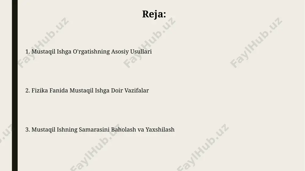 rli manbadan foydalanishga va natijalarni 5 ball shkalasi bo'yicha baholashga o'rgatishni o'z ichiga oladi. o'quvchilarning mustaqil ishlash ko'nikmalarini 70% ga oshirish maqsadida, individual yondashuv va kamida 5 xil turdagi fizika masalalarini muntazam yechish tavsiya etiladi. o'quvchilarning mustaqil ishlash jarayonini kuzatish o'quvchilarning mustaqil ishlash vaqtini (masalan, 45 minut) aniq belgilash va shu vaqt ichida bajarilgan ishlarning sifatini, xatoliklar sonini tahlil qilish orqali samaradorlikni kuzatish mumkin. har bir o'quvchining mustaqil ishi bo'yicha kamida 3 ta turli vazifa (masala yechish, tajriba o'tkazish, loyiha yaratish) bajarilishini kuzatib, ularning faoliyatini har tomonlama baholash mumkin. o'quvchilarning mustaqil ishlash ko'nikmalarini baholash o'quvchilarning mustaqil ishlash davomida qiyinchiliklarni hal qilish strategiyasini baholashda, kamida 2 ta muammoli vaziyatni tahlil qilish va ularning yechimlarini taqqoslash kerak. o'quvchilarning mustaqil ishlash ko'nikmalarini baholashda 5 balldan iborat shkala, har bir bal uchun aniq mezonlar bilan, samarali bo'ladi; masalan, 5 ball – barcha topshiriqlarni mustaqil va yuqori sifatda bajarish. vazifalarni taqdim etish usullari har bir …