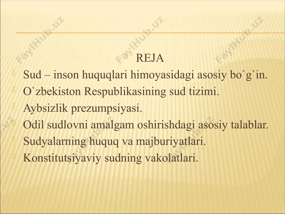 iy partiyalardan, boshqa jamoat birlashmalaridan mustaqil holda ish yuritadi. o`zbekiston respublikasida quyidagi sudlar faoliyat olib boradi: o`zbekiston respublikasi konstitutsiyaviy sudi; o`zbekiston respublikasi oliy sudi; o`zbekiston respublikasi oliy xo`jalik sudi; qoraqalpog`iston respublikasi fuqarolik va jinoiy ishlar bo`yicha oily sudlari,; fuqarolik va jinoiyat ishlari bo`yicha viloyat va toshkent shahar sudlari; fuqarolik ishlari bo`yicha tuman (shahar) sudlari; qoraqalpog`iston respublikasi xo`jalik sudi; viloyatlar va toshkent shahar xo`jalik sudlari; harbiy sudlar. o`zbekiston respublikasida sudlar ish kategoriyasiga ko`ra ixtisoslashtirilishi mumkin. favqulodda sudlar tuzilishiga yo`l qo`yilmaydi. o`zbekiston respublikasida sud ishlarini yuritish o`zbek, qoraqalpoq tillarida yoki o`sha hududdagi ko`pchilik aholi so`zlashadigan tilda olib boriladi. sud olib borilayotgan tilni bilmaydigan sud ishtirokchisi uchun tarjimon orqali sud materiallari bilan to`liq tanishish, sud harakatlarida qatnashish va o`z ona tilida so`zga chiqish huquqi ta`minlanadi. umumiy yurisdiksiya sudlariga quyidagilar kiradi: o`zbekiston respublikasi oliy sudi; qoraqalpog`iston respublikasi oliy sudi, viloyat sudi, toshkent shahar sudi; fuqarolik ishlari bo`yicha tumanlararo, tuman (shahar) sudi. jinoyat ishlari bo`yicha …