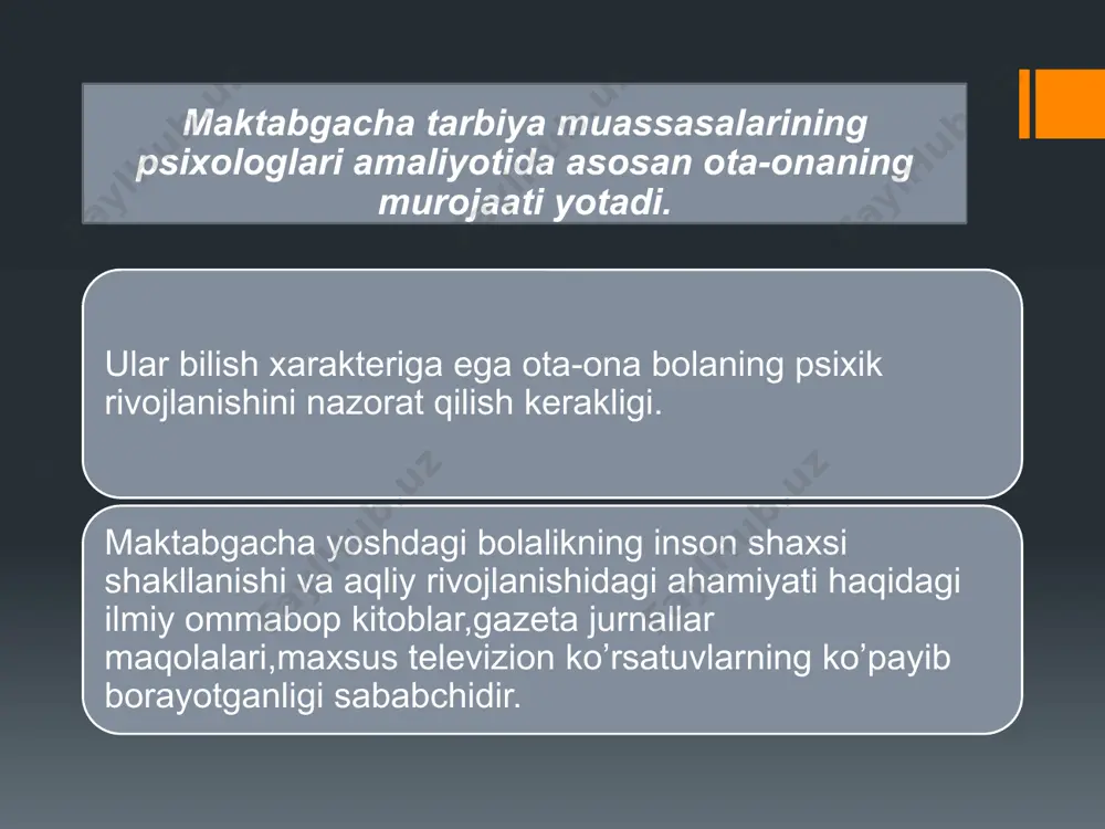 ktabgacha tarbiya muassasasida biror faoliyatga layoqati-qobilyat nishonalari unib chiqayotgan bolalarni aniqlashga ularning rivojlanishini kuzatishga maxsus dastur asosida individual ish olib borishiga o’z e’tiborini qaratishi lozim. uchinch guruh murojaatlaarida bola xulqidagi og’ishlar tufayli va ota-onalar qiladigan murojaatlari kiradi. bunda ota-onalar asosan bolalarning agressivligi,tortinchoqligi xayolparastligi,emotsional beqarorligi asabiylashuvchanligi yuzasidan murojaat qiladilar. bolalar xulqidagi og’ishlar asosida yotgan sabablarni psixologlar 3 turkumga ajratadilar. bola xulq atvoridagi shuningdek ,nerv psixik buzilishlar ham sabab bo’lishi mumkin bolaning xulq-atvoridagi og’ishlarga sabab bo’lishi mumkin. ota-onalarning bola psixik rivojlanish qonuniyatlarini bilmasligi hozirgi kunda tarbiyachilar ham psixologga nisbssata kamroq bo’lsada. ularning murojaati aniq xarakter kasb etadi. ko’pchilik tarbiyachilarni asosan agressiv,yomon o’zlashtiruvchi bolalar tashvishga soladi,chunki har ikki toifadagi bolalar bog’chadagi tarbiyaviy jarayonini qiyinlashtiradi. образец текста второй уровень третий уровень четвертый уровень пятый уровень ota-onalar kulubini tashkil etish ko’plab tatqiqotlar maktabgacha yoshdagi bolalar juda egiluvchan va ta’sirga beriluvchan ekanligini tasdiqlaydilar.bu davirda bolalar juda ko’p narsani o’zlashtirishi mumkin ekanligi ko’plab tadqiqotlarda isbotlanga. ammo bolaning …