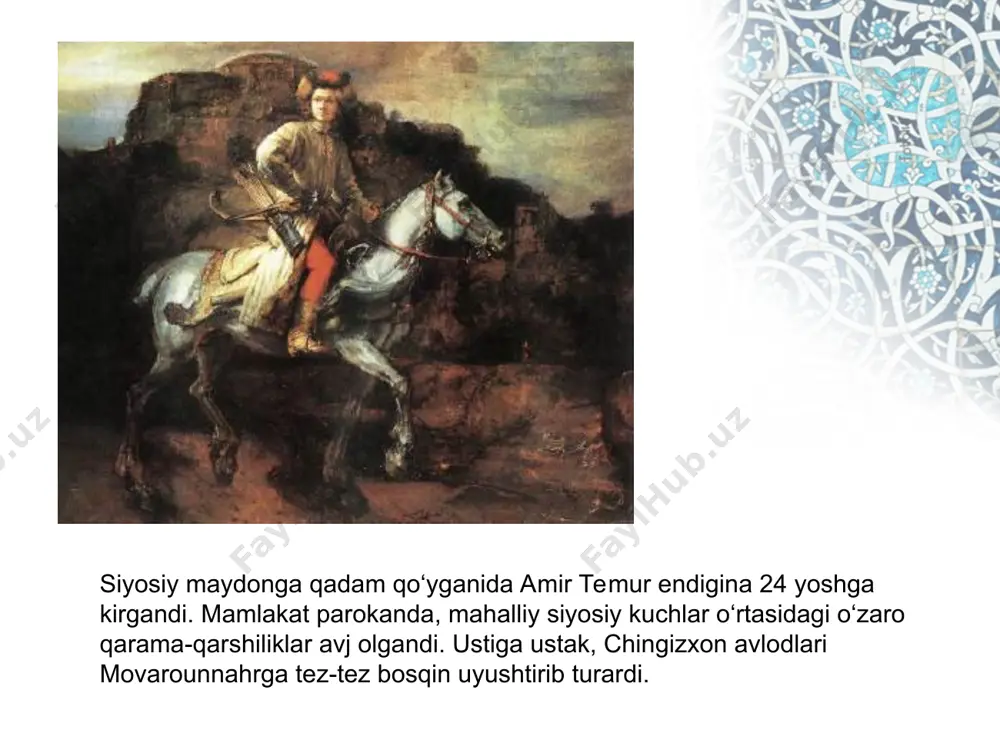 im. ish ko'rgan, shijoatli er-yigitlarni qoshimda tutdim, ko'ngli buzuq qo'rqoqlarni majlisimdan quvib yubordim". "biron mamlakatda jabr-zulm va fisq-fasod kuchayib ketarkan, asl podsholar adolat o'rnatib, fisq-fasodni, zulmni yo'qotish niyatida ana shunday mamlakatga hujum boshlashi lozim. tangri taolo shu niyatining sharofati bilan mamlakatni zolimning qo'lidan tortib olib, odil (podshoh)ga topshiradi". "yana amr qildimki, g'anim tomonidan bizning qo'limizga har qanday sipohiy asir bo'lib tushsa, uni o'ldirmasinlar, unga ixtiyor bersinlar. agar navkarlikni qabul qilsa, navkar qilsinlar, yo'q esa uni ozod etsinlar. bunga misol, men (qaysar bilan urushda) to'rt ming rumlik askarni ozod qildim" "qaysi bir sipohiy tuz haqi va vafodorlikni unutib, xizmat vaqtida o'z sohibidan yuz o'girib, mening oldimga kelgan bo'lsa, unday odamni o'zimga eng yomon dushman deb bildim". "dono vazir shuldirki, o'z o'rniga qarab, goh qattiqqo'llik bilan gohida esa muloyimlik bilan ish yuritadi. bunday vazir ortiqcha qattiqqo'llik ham qilmaydi, ko'p muloyimlik bilan ham yumshab ketmaydi. agar muloyimlik qilsa, dunyotalab, ta'magir odamlar uni yutib …
