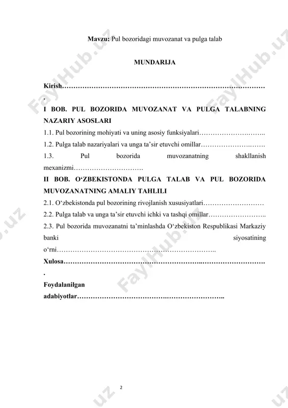 ladi. mamlakatda ishlab chiqarish jarayonlari rivojlanishi, investitsiyalar oqimi, davlat byudjeti barqarorligi ham pul bozorida muvozanat mavjudligiga bevosita bog‘liqdir. pulga talabning oshishi yoki kamayishi iqtisodiyotning turli sohalariga ta’sir ko‘rsatadi. masalan, ortiqcha pul talabi inflyatsiyani kuchaytirsa, talabning pasayishi iqtisodiy faollikni sustlashtirishi mumkin. shu sababli pul bozorida muvozanatni ta’minlash markaziy bank va hukumatning muhim vazifasi hisoblanadi. bugungi kunda o‘zbekistonda iqtisodiy islohotlar jarayonida pul bozorining samaradorligini oshirish, milliy valyutaning barqarorligini mustahkamlash hamda pul-kredit siyosatini takomillashtirish asosiy yo‘nalishlardan biri sifatida ko‘rilmoqda. xususan, so‘nggi yillarda milliy valyuta kursi erkinlashtirildi, pul-kredit siyosati inflyatsion targeting asosida shakllantirila boshlandi. bu esa pulga talab va pul bozorida muvozanat masalasini yanada dolzarb qilib qo‘ydi[footnoteref:0]. [0: ўзбекистон республикаси президентининг 2020 йил 12 майдаги пф-5992-сонли фармони “иқтисодий ислоҳотларни янада чуқурлаштириш ва миллий иқтисодиёт рақобатбардошлигини ошириш чора-тадбирлари тўғрисида”.] kurs ishi mavzusining o‘rganilganlik darajasi pul bozoridagi muvozanat va pulga talab masalalari jahon iqtisodiy adabiyotida keng o‘rganilgan va ko‘plab nazariyalar ishlab chiqilgan. masalan, j. m. keynsning …