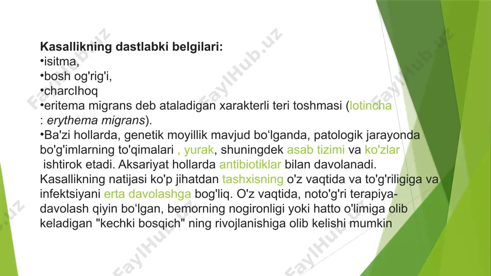 chayishi (yo'qligi yoki yetarli darajada davolash) bo'lsa, spiroket antijenlerine (polipeptidlarga 16 dan 93 kda gacha) antikorlar spektri kengayadi, bu esa igm va igg ning uzoq vaqt ishlab chiqarilishiga olib keladi. aylanma immun komplekslari soni ortadi. yallig'lanishning asosiy omillarini faollashtiradigan ta'sirlangan to'qimalarda immun komplekslari ham shakllanishi mumkin - leykotaktik stimullar va fagotsitoz. xarakterli xususiyat - teri, teri osti to'qimasi, limfa tugunlari, taloq, miya va periferik ganglionlarda topilgan limfoplazmatik infiltratlarning mavjudligi. artrit patogenezida yetakchi rol o'ynaydi liposaxaridlar, borreliyaning bir qismi bo'lib, ular monotsit-makrofaglar seriyasining hujayralari tomonidan interleykin-1 sekretsiyasini rag'batlantiradi, ba'zi t-limfotsitlar, b-limfotsitlar va boshqalar interleykin-1., o'z navbatida, sinovial to'qimalar tomonidan prostaglandinlar va kollagenazning sekretsiyasini rag'batlantiradi, ya'ni bo'g'imlarda yallig'lanishni faollashtiradi, bu suyak rezorbsiyasiga olib keladi, pannus shakllanishini stimullaydi. muhim ahamiyatga ega- bo'g'inlar, dermis, buyraklar va miokardning sinovial membranasida spiroxet antigenlarini o'z ichiga olgan o'ziga xos immun komplekslarning to'planishi bilan bog'liq jarayonlar. immunitet komplekslarining to'planishi- neytrofillarni oʻziga tortadi va turli yallig'lanish vositachilari, biologik faol …